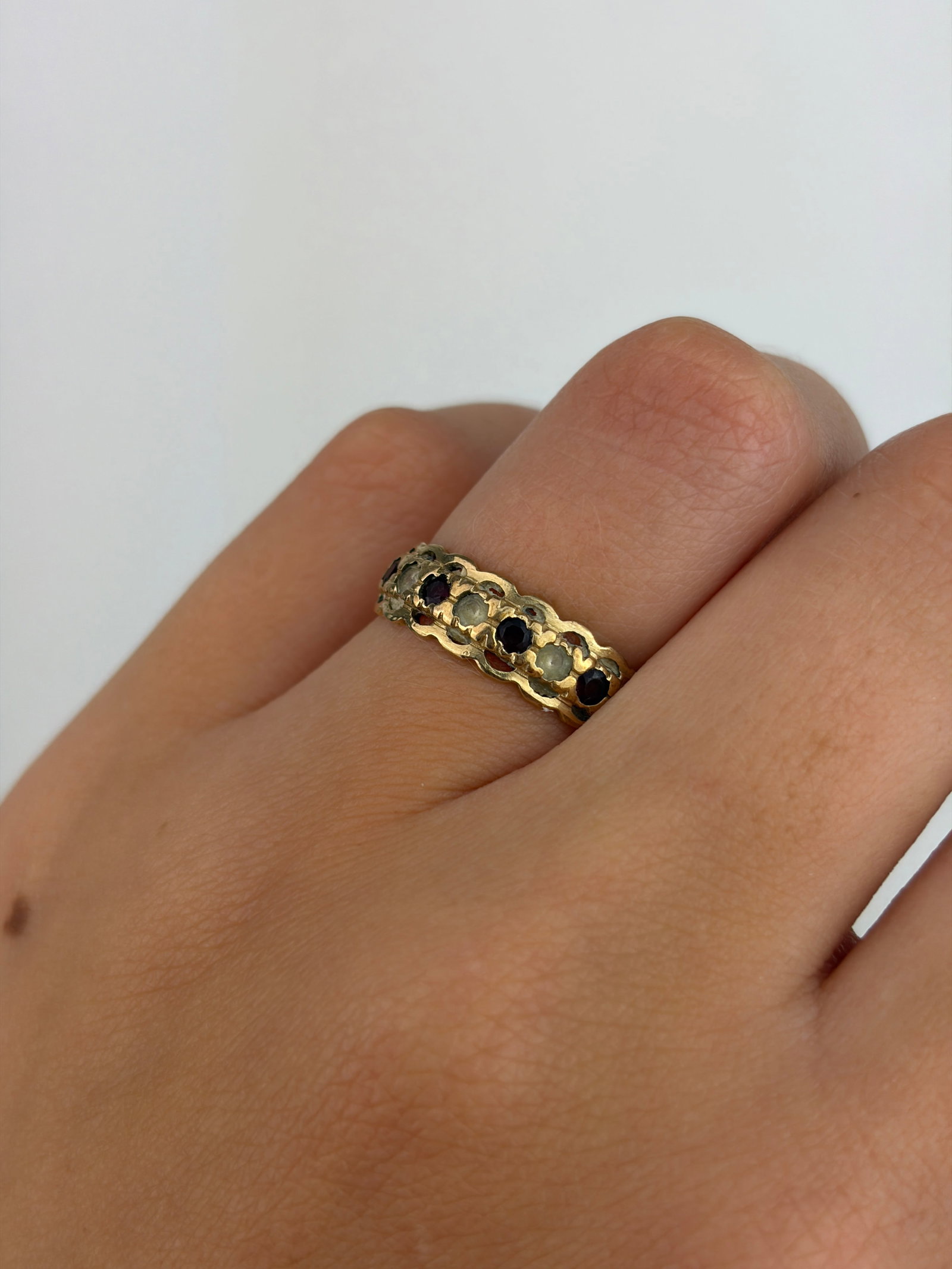 Vintage 9ct Yellow Gold Garnet and White Stone Half Hoop Ring - 8
