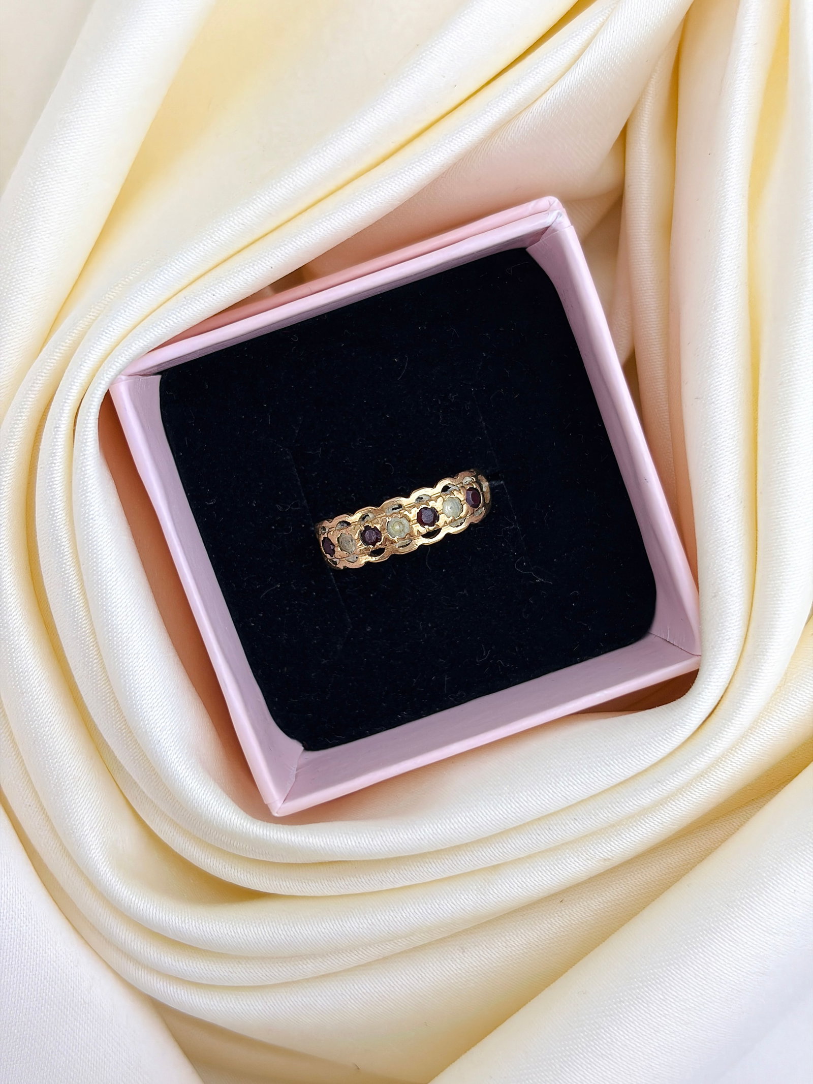 Vintage 9ct Yellow Gold Garnet and White Stone Half Hoop Ring - 9