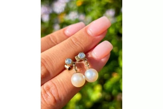 Vintage Pearl and Diamond Gold Drop Earrings - 2