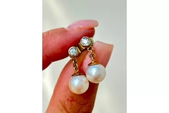Vintage Pearl and Diamond Gold Drop Earrings - 3