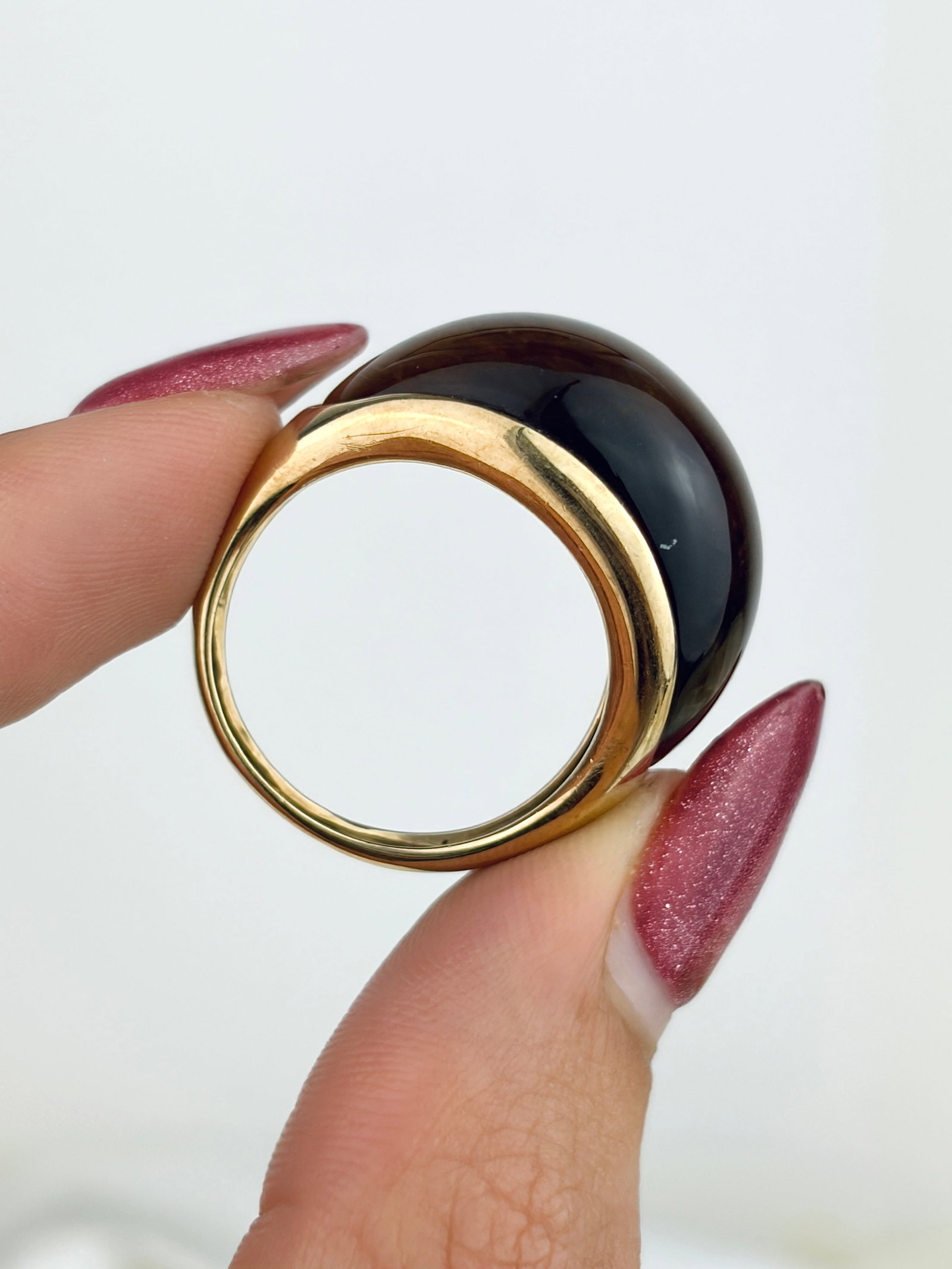Chunky Vintage 9ct Yellow Gold Cabochon Tiger's Eye Dome Ring - 6