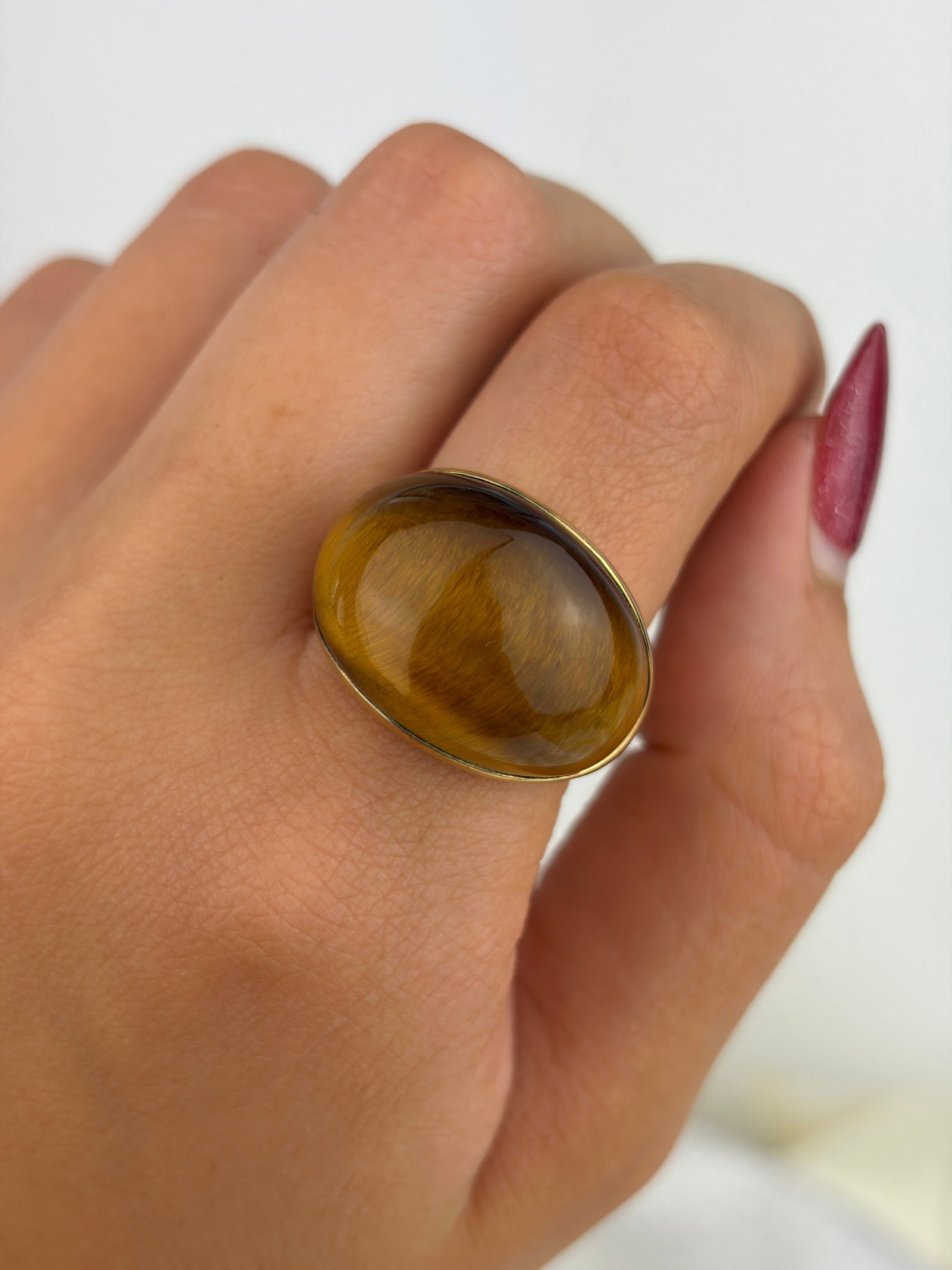 Chunky Vintage 9ct Yellow Gold Cabochon Tiger's Eye Dome Ring - 8