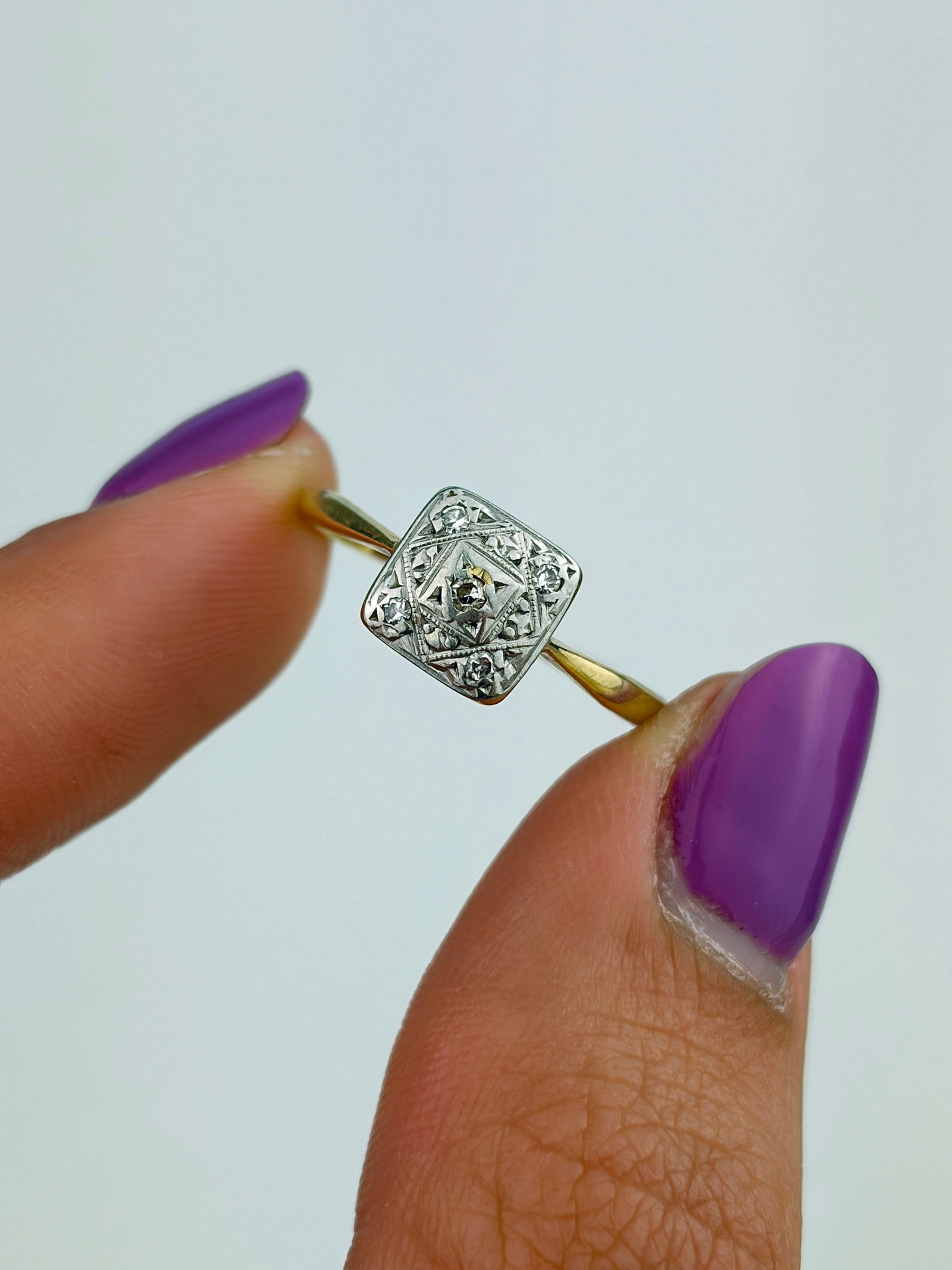 ANTIQUE ART DECO ERA 18CT GOLD AND PLATINUM DIAMOND PANEL RING - 5