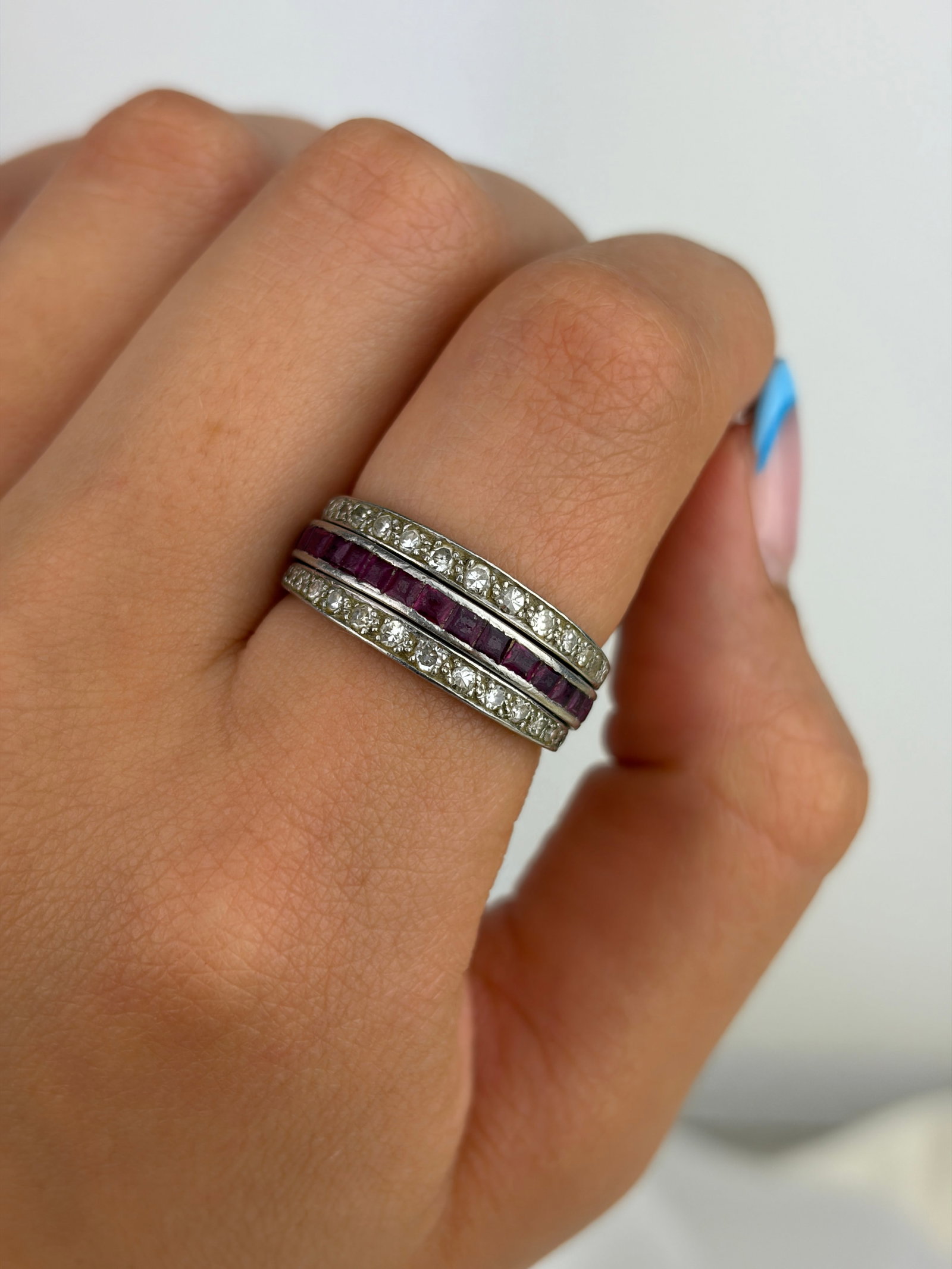 Antique Art Deco Sapphire and Ruby 'Day and Night' Flip Ring in 18ct White Gold - 9