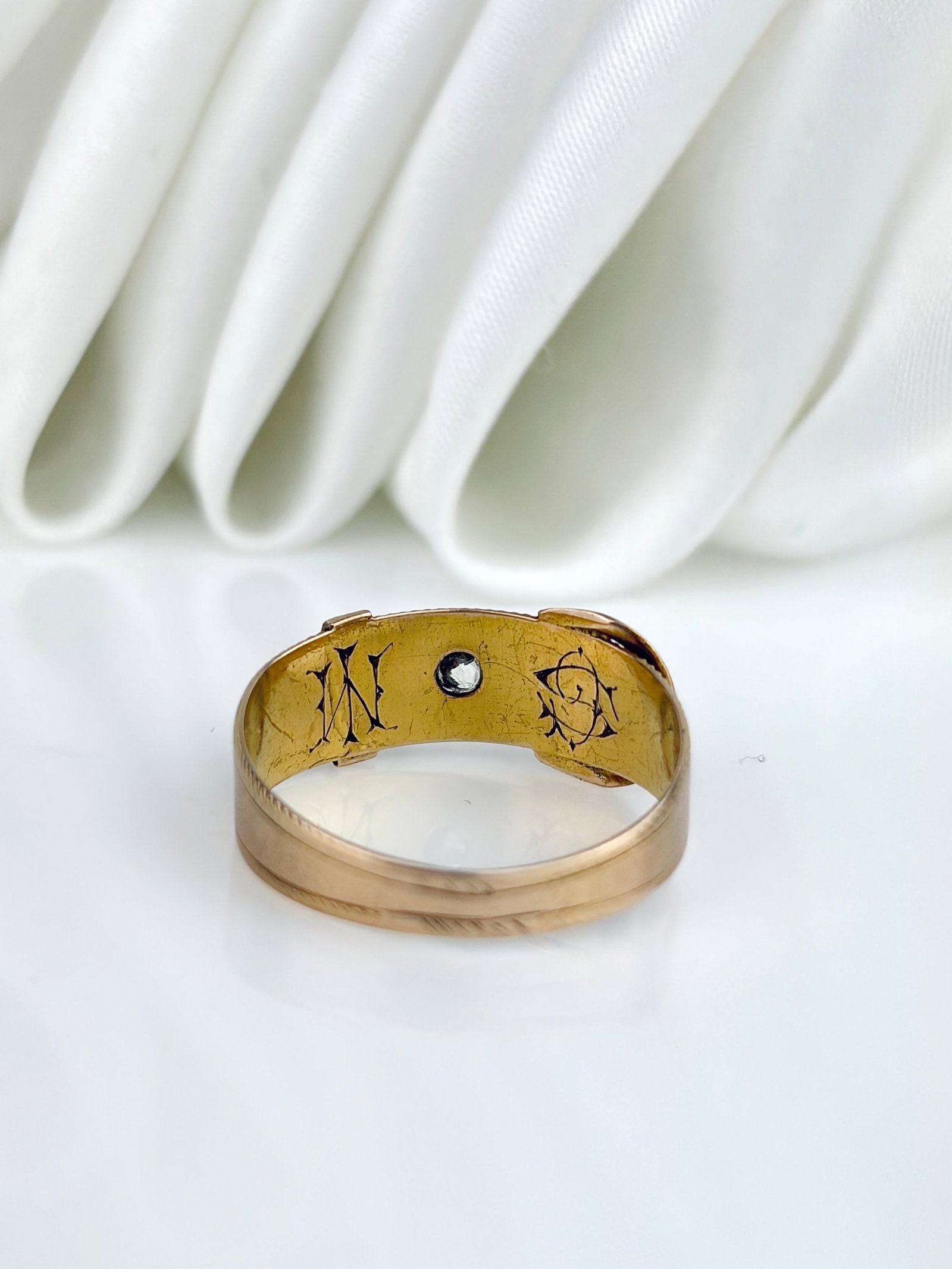 Antique Victorian Era 15ct Yellow Gold Diamond Buckle Band Ring - 3