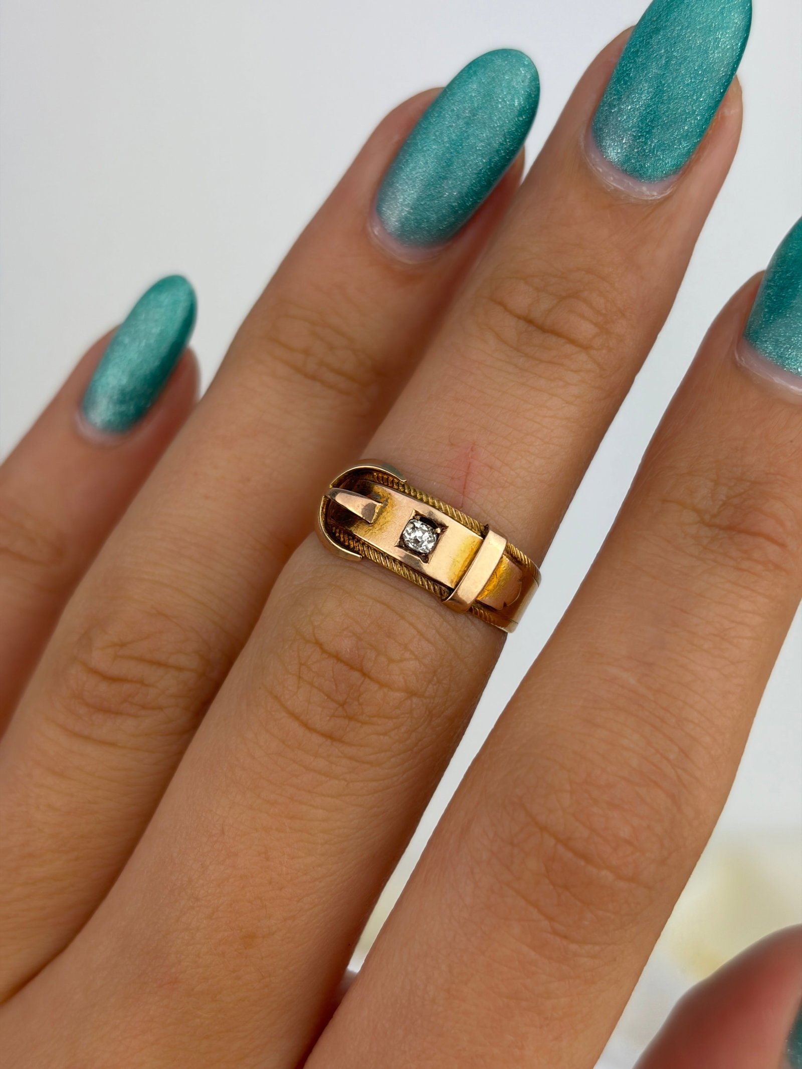 Antique Victorian Era 15ct Yellow Gold Diamond Buckle Band Ring - 8