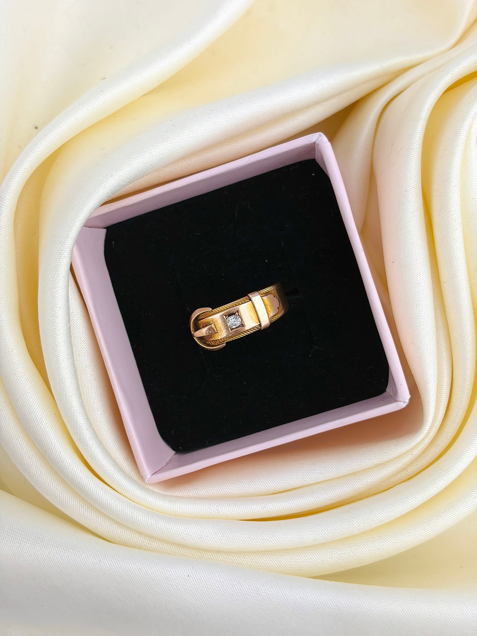 Antique Victorian Era 15ct Yellow Gold Diamond Buckle Band Ring - 9
