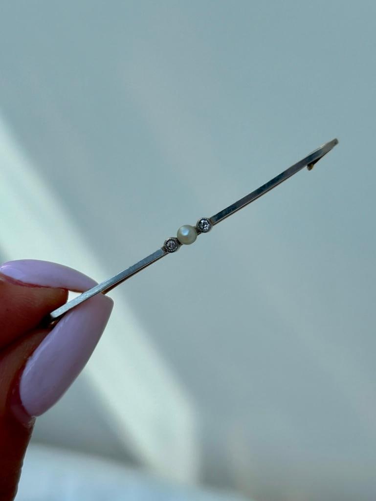 Antique 15ct Yellow Gold Diamond and Pearl Bar Brooch - 5