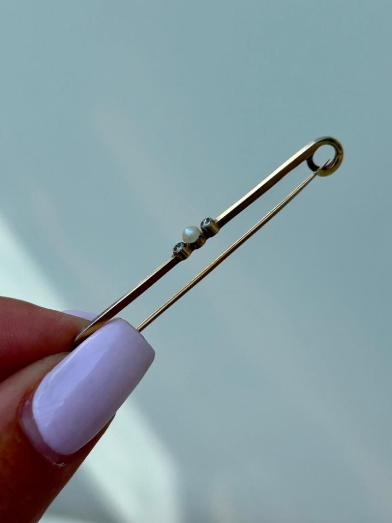 Antique 15ct Yellow Gold Diamond and Pearl Bar Brooch - 6