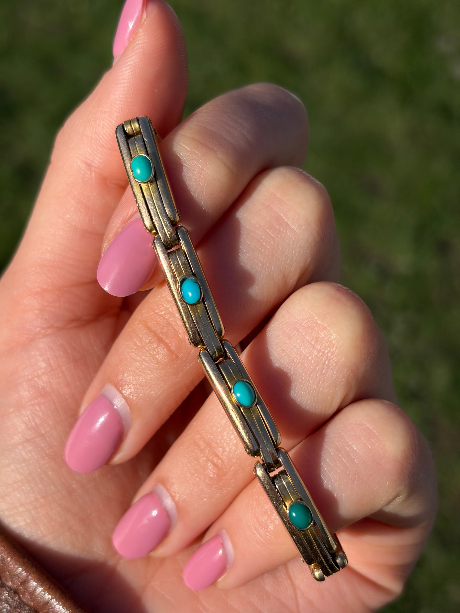 CHUNKY VINTAGE 9CT YELLOW GOLD TURQUOISE BRACELET - 4