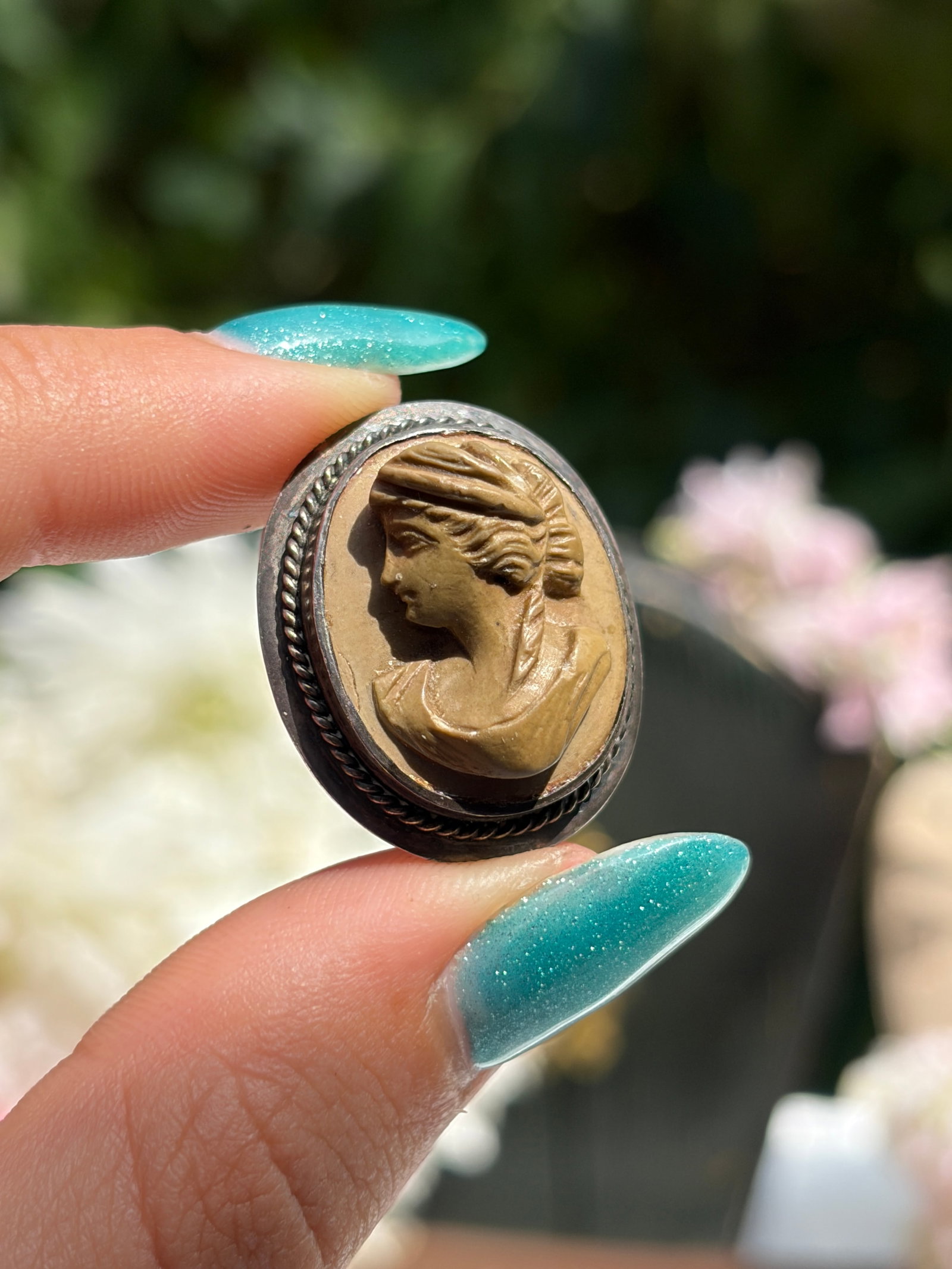 Antique Silver Lava Stone Carved Cameo Brooch/Pendant - 7