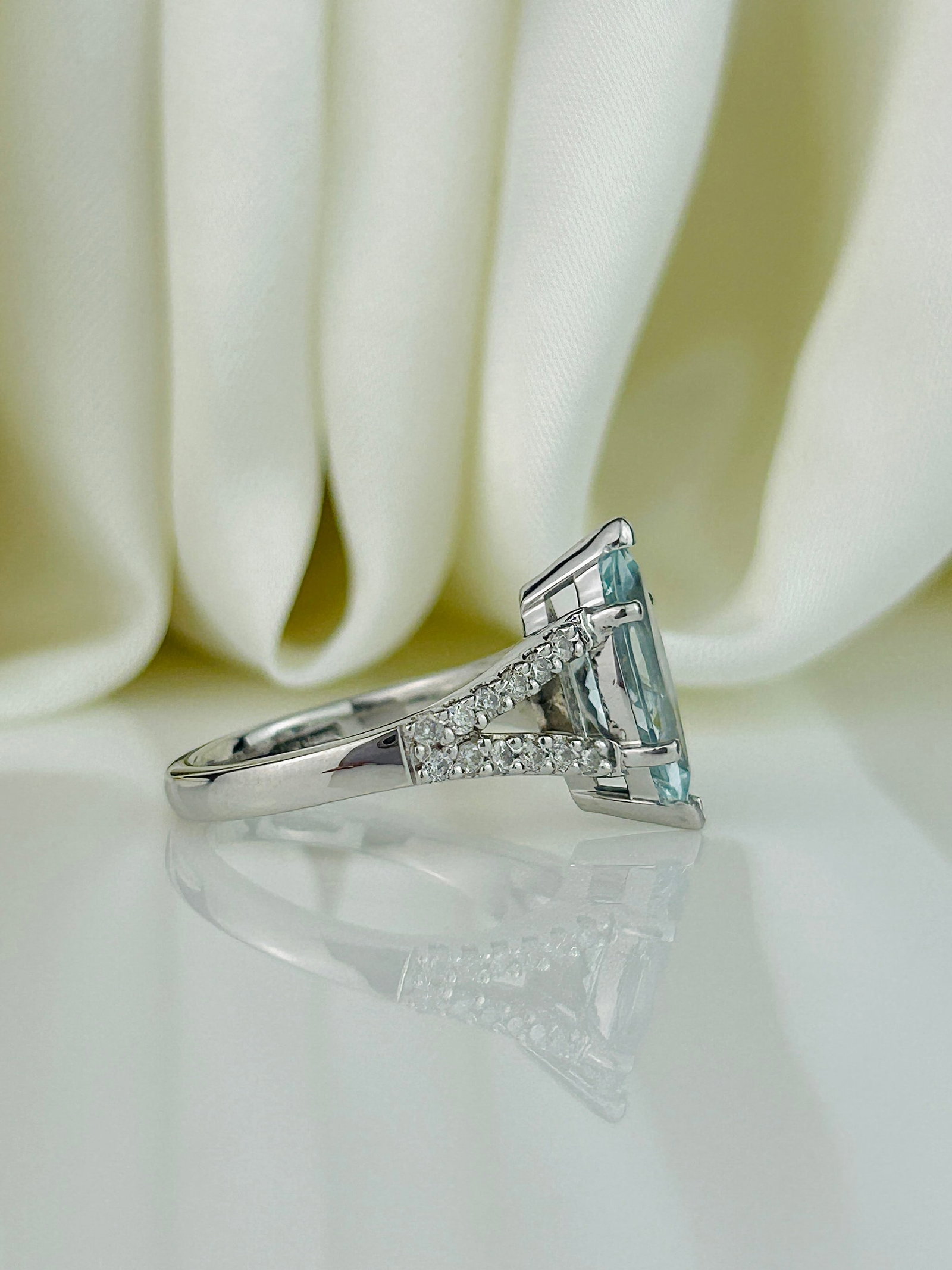 Platinum Marquise Aquamarine and Diamond Shoulder Ring - 2