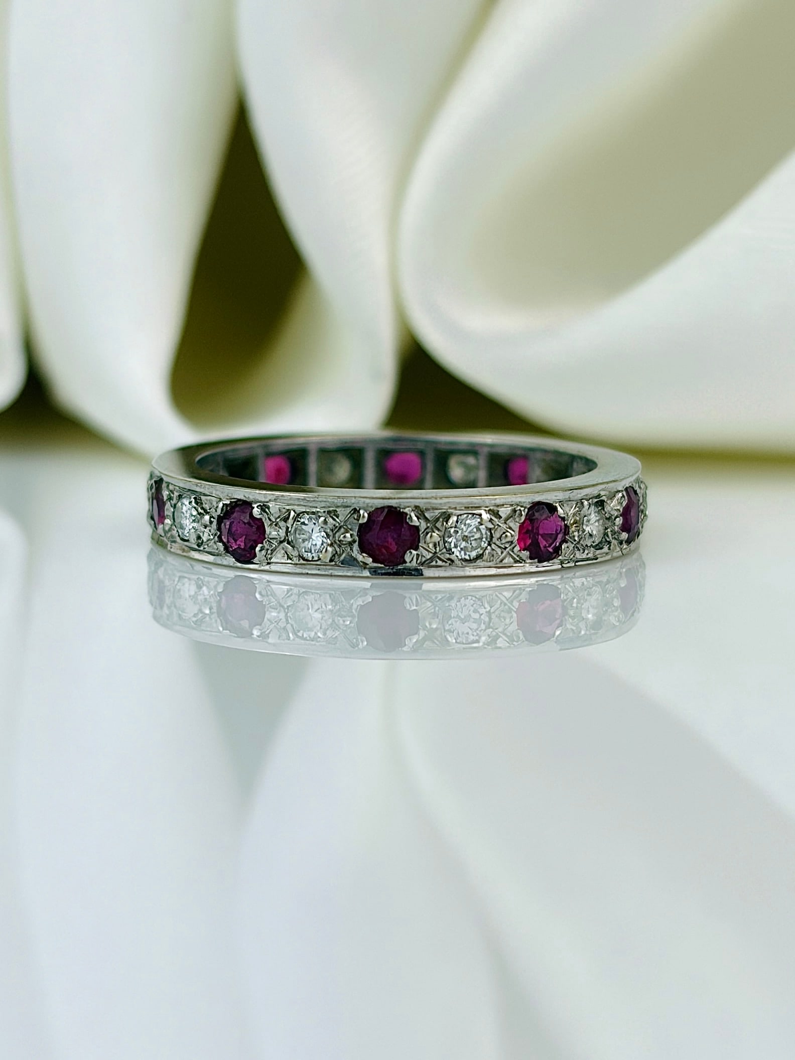 antique 18ct white gold ruby and diamond full eternity band ring: antique 18ct white gold ruby and diamond full eternity band ring