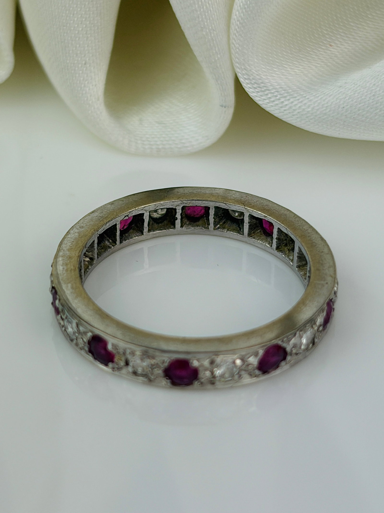 antique 18ct white gold ruby and diamond full eternity band ring - 3