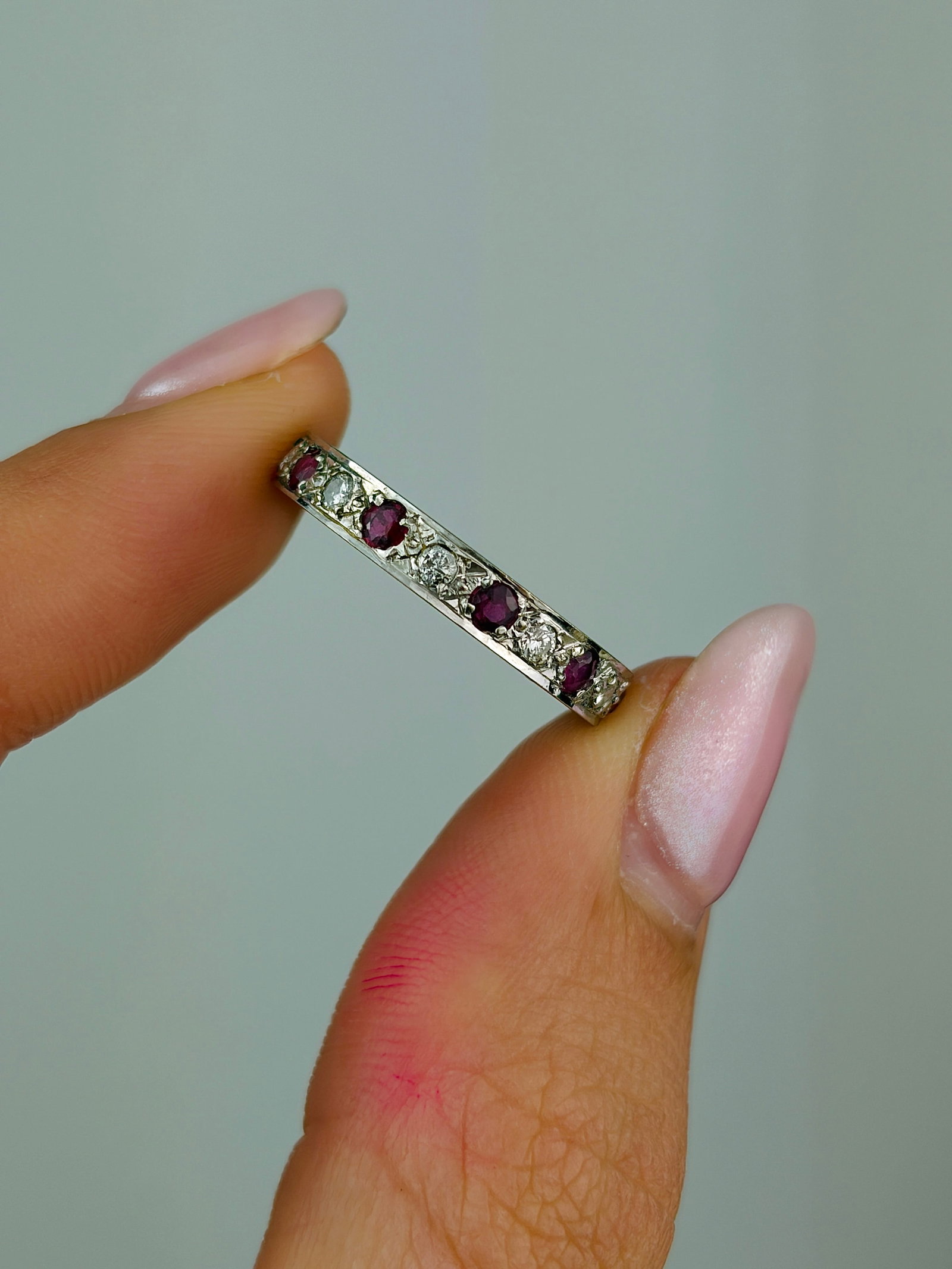 antique 18ct white gold ruby and diamond full eternity band ring - 4
