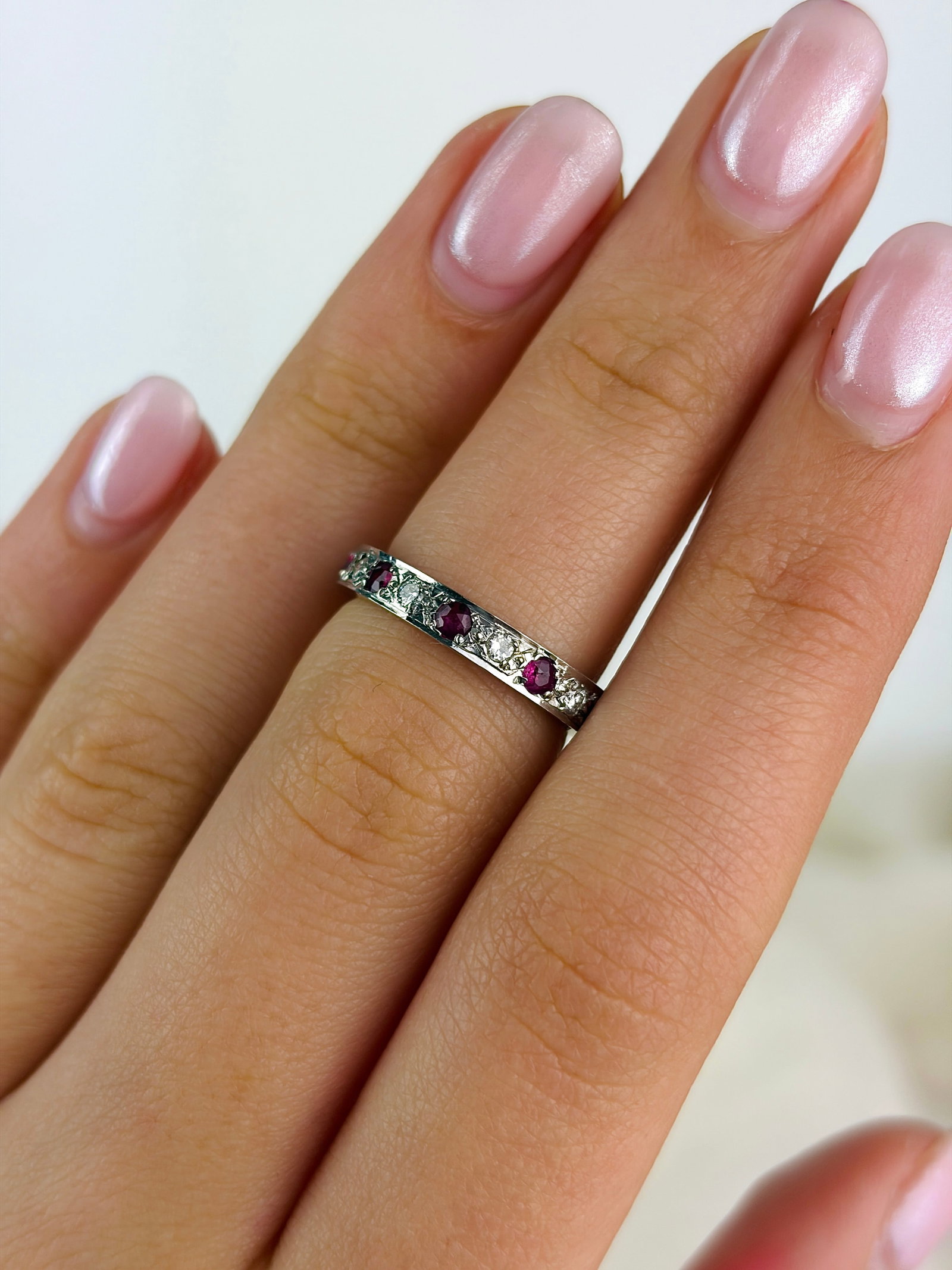 antique 18ct white gold ruby and diamond full eternity band ring - 8