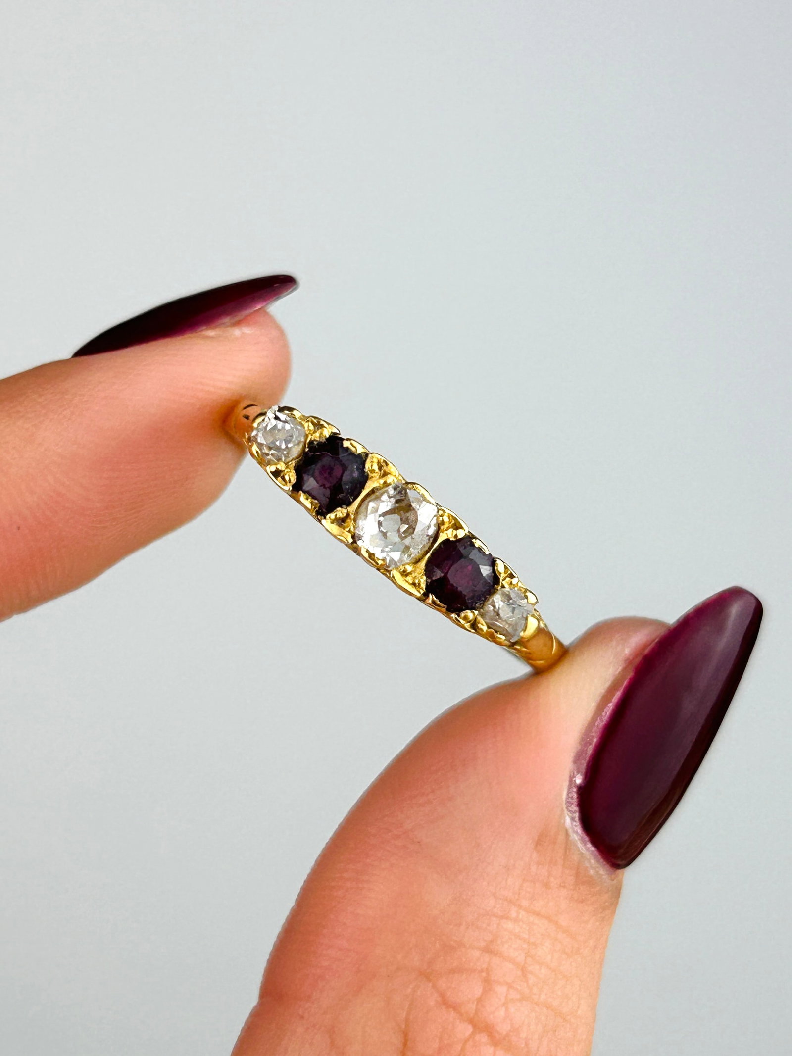 Antique 18ct Yellow Gold Garnet and Diamond Scroll Set 5 Stone Ring - 5