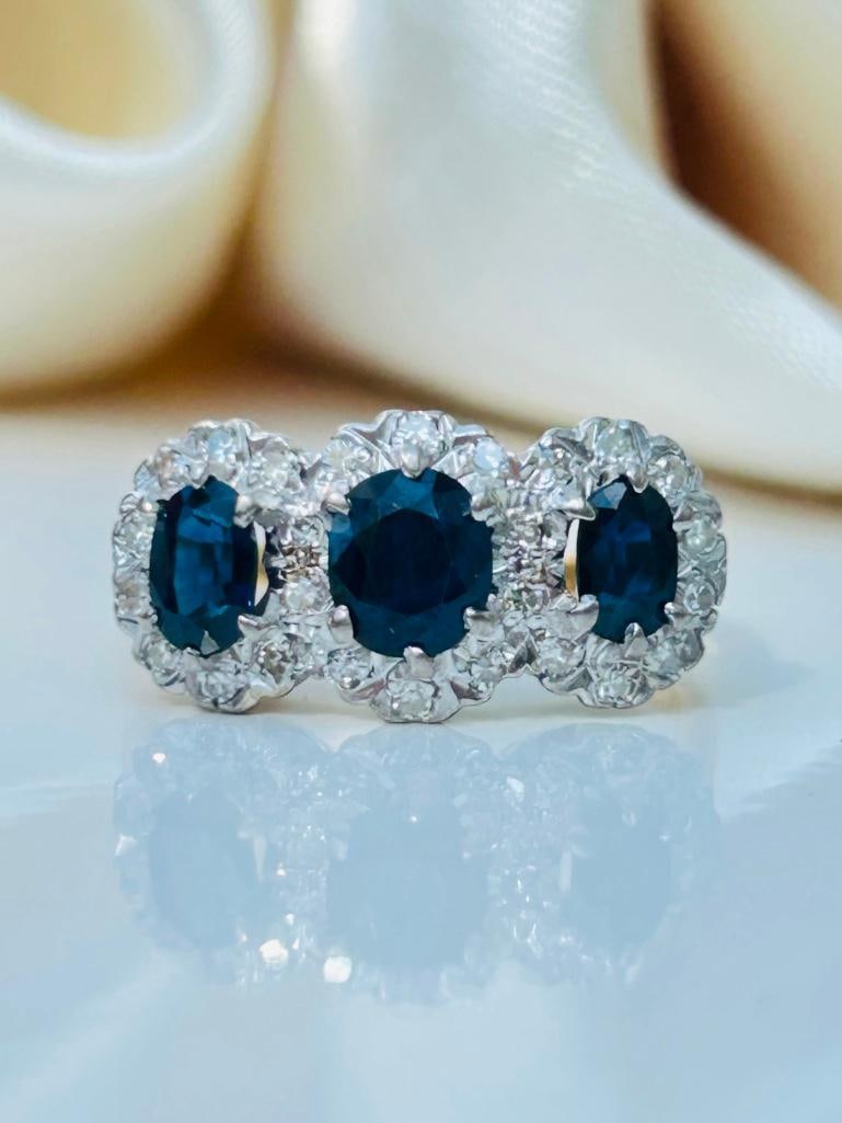 Chunky 18ct yellow gold sapphire and diamond triple cluster ring: Chunky 18ct yellow gold sapphire and diamond triple cluster ring Truly exceptional measurements size UK P US 8 head of ring 19mm x 9mm weight 4.39g materials 18ct yellow