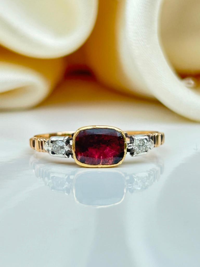 Georgian Era Flat Cut Garnet and Diamond Gold Ring: Georgian Era Flat Cut Garnet and Diamond Gold Ring gorgeous glowing garnet ring with diamond shoulders, wonderful!! measurements size UK T US 93/4 head of ring 17mm x 6mm w
