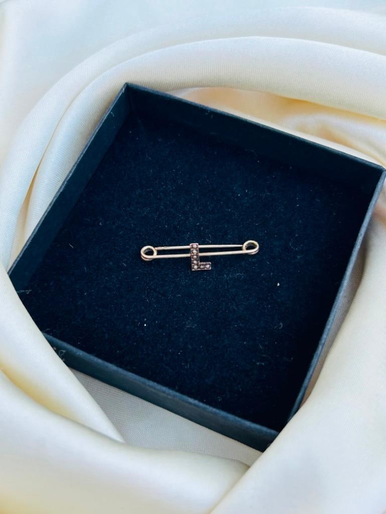 Antique 9ct Gold Pearl L Brooch Safety Pin - 4