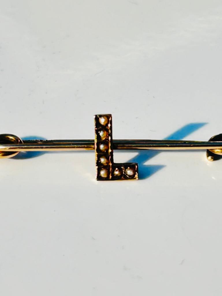 Antique 9ct Gold Pearl L Brooch Safety Pin - 5