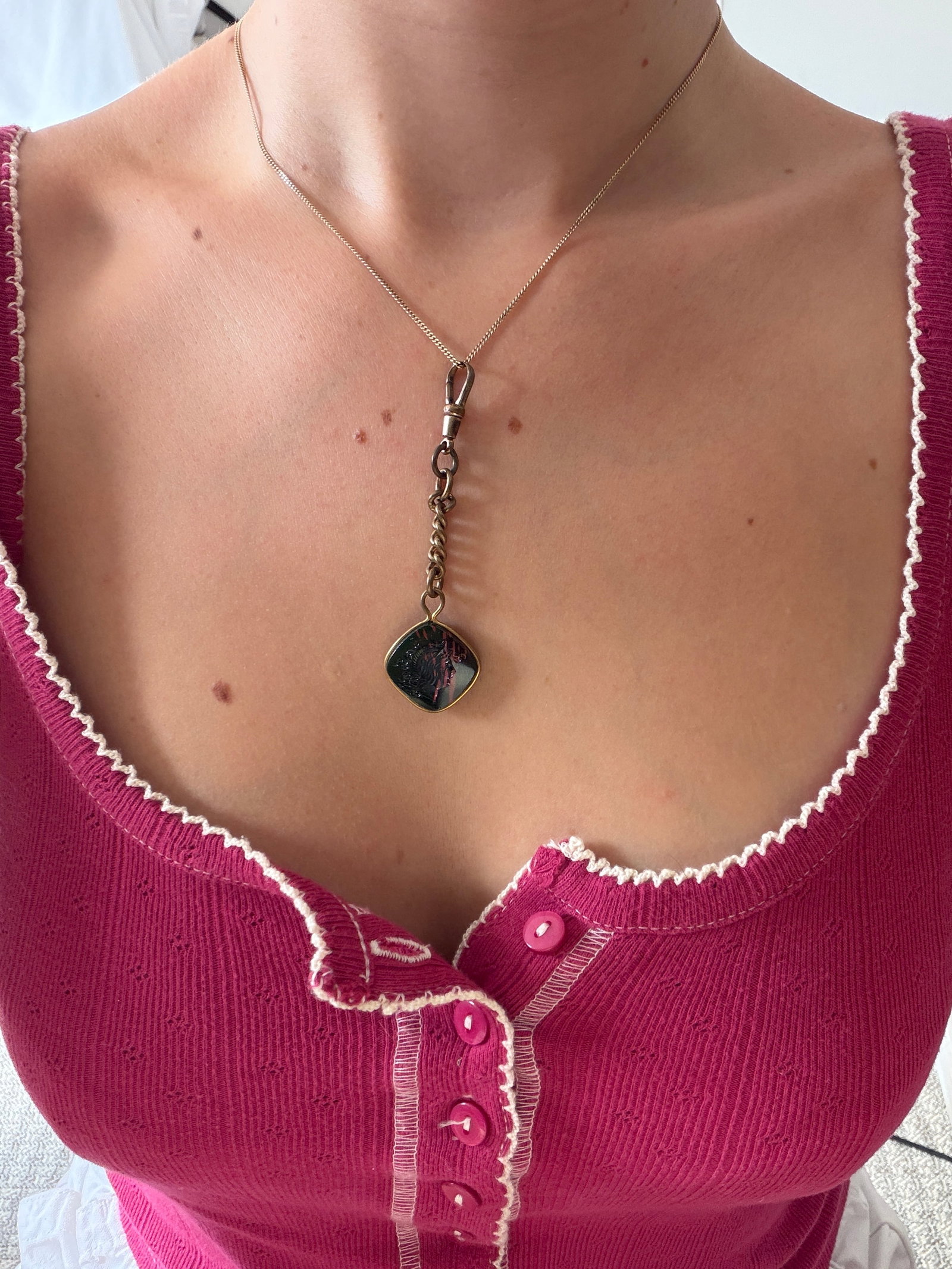 Rolled Gold Bloodstone Carved Intaglio Pendant with Chain Extender and Dogclip - 2