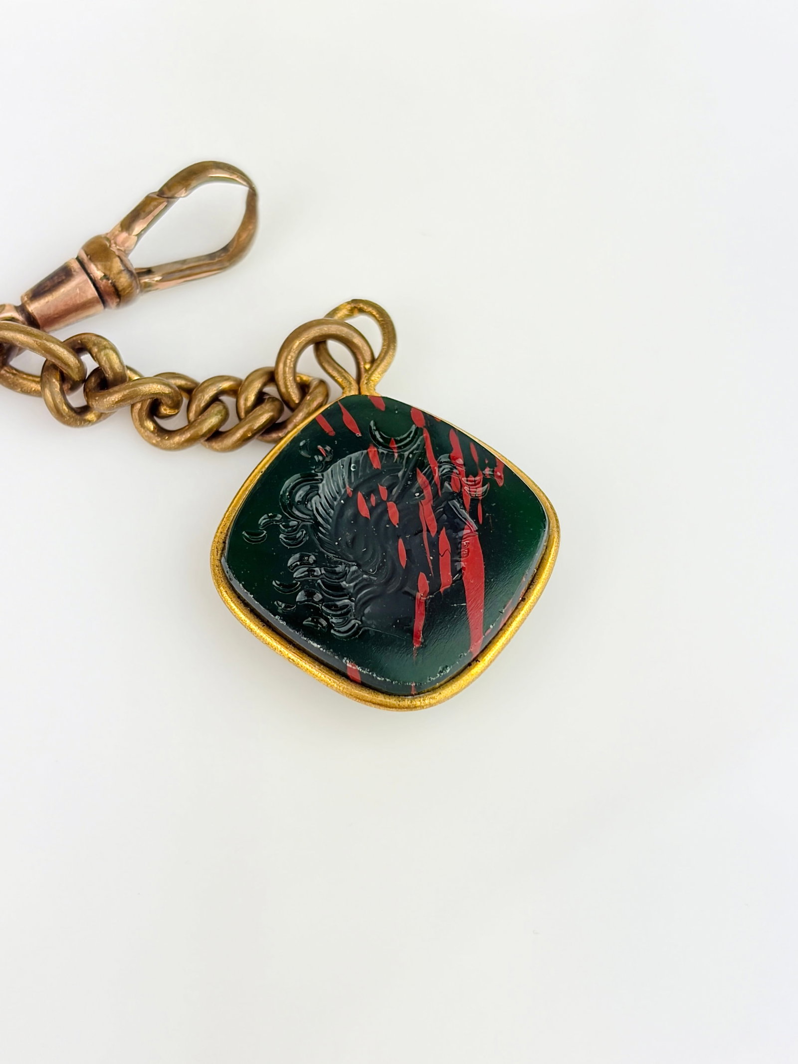 Rolled Gold Bloodstone Carved Intaglio Pendant with Chain Extender and Dogclip - 4
