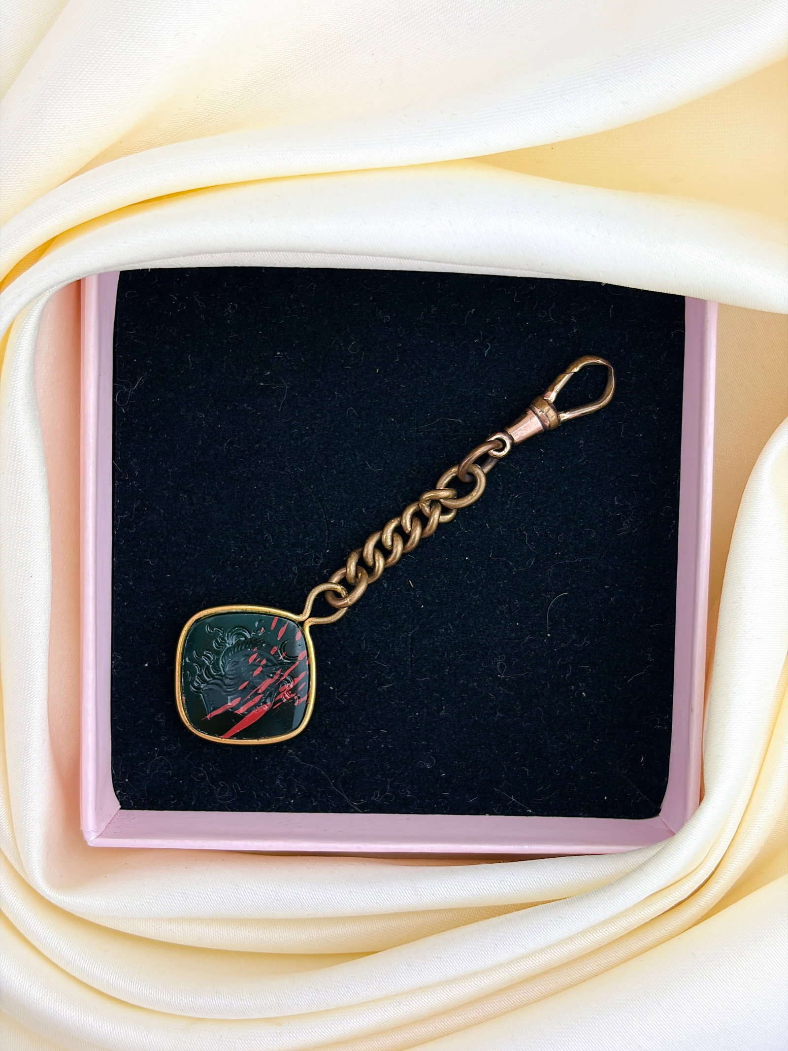 Rolled Gold Bloodstone Carved Intaglio Pendant with Chain Extender and Dogclip - 5