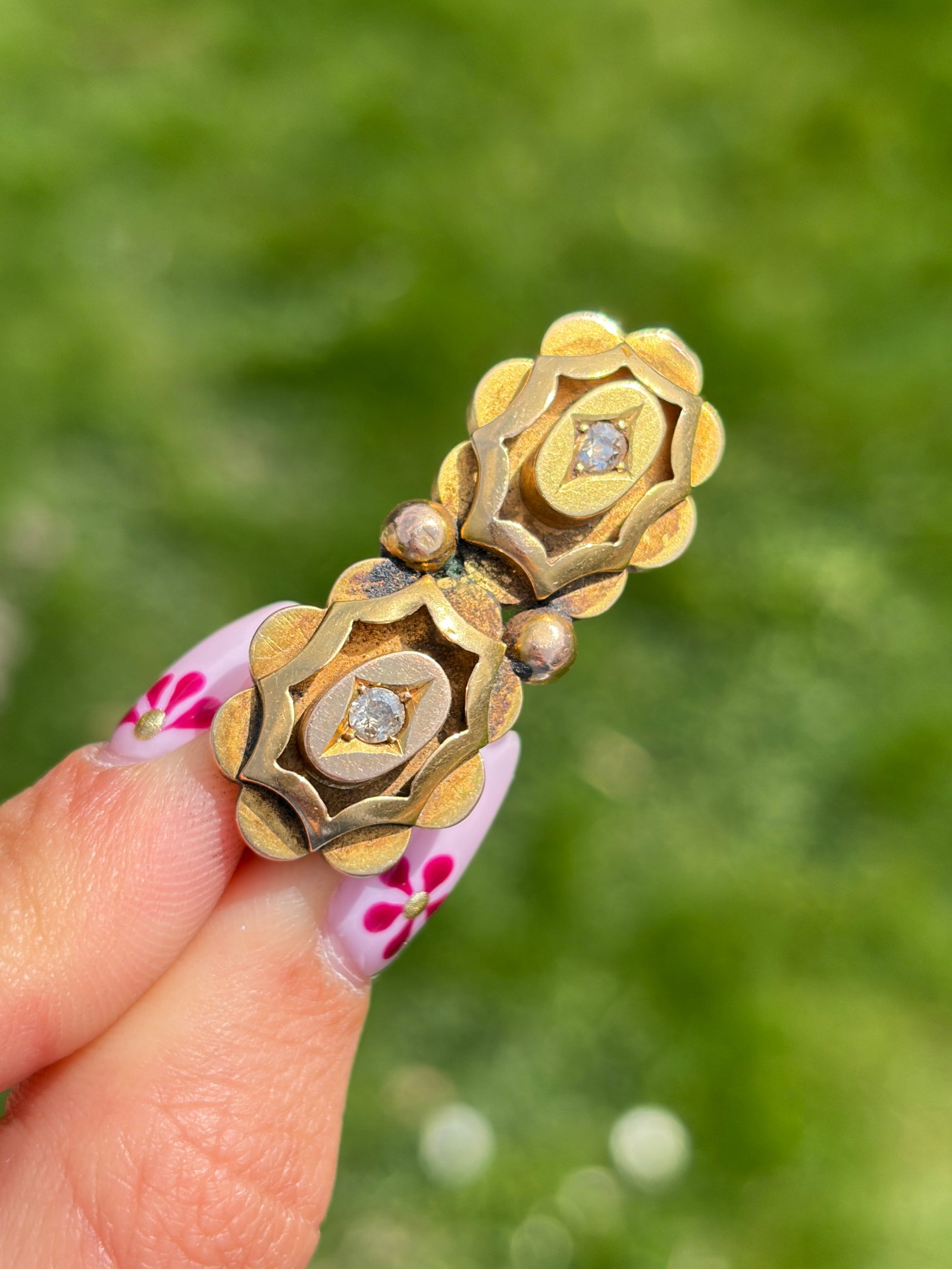 ANTIQUE 18CT YELLOW GOLD DOUBLE DIAMOND FLOWER BROOCH - 8