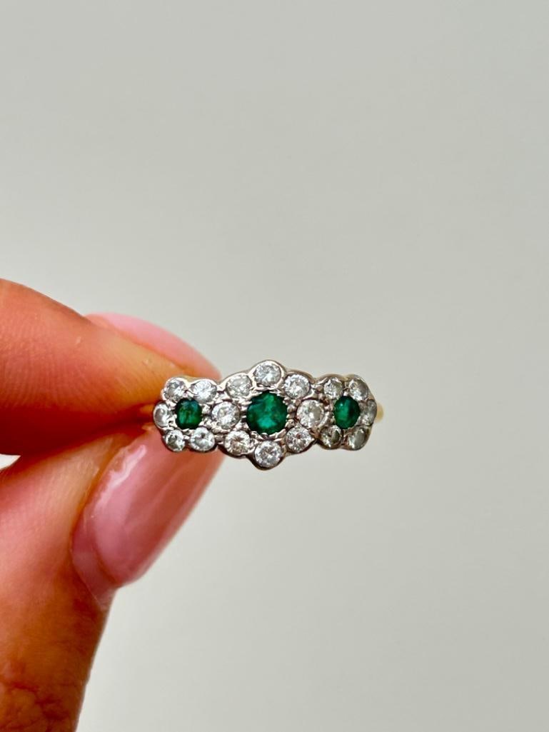 *Antique 18ct Yellow Gold Emerald and Diamond Triple Cluster Ring - 6