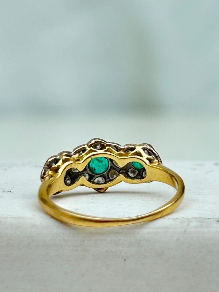 *Antique 18ct Yellow Gold Emerald and Diamond Triple Cluster Ring - 8