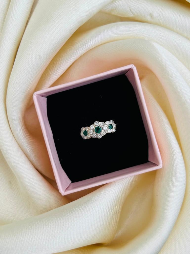 *Antique 18ct Yellow Gold Emerald and Diamond Triple Cluster Ring - 9