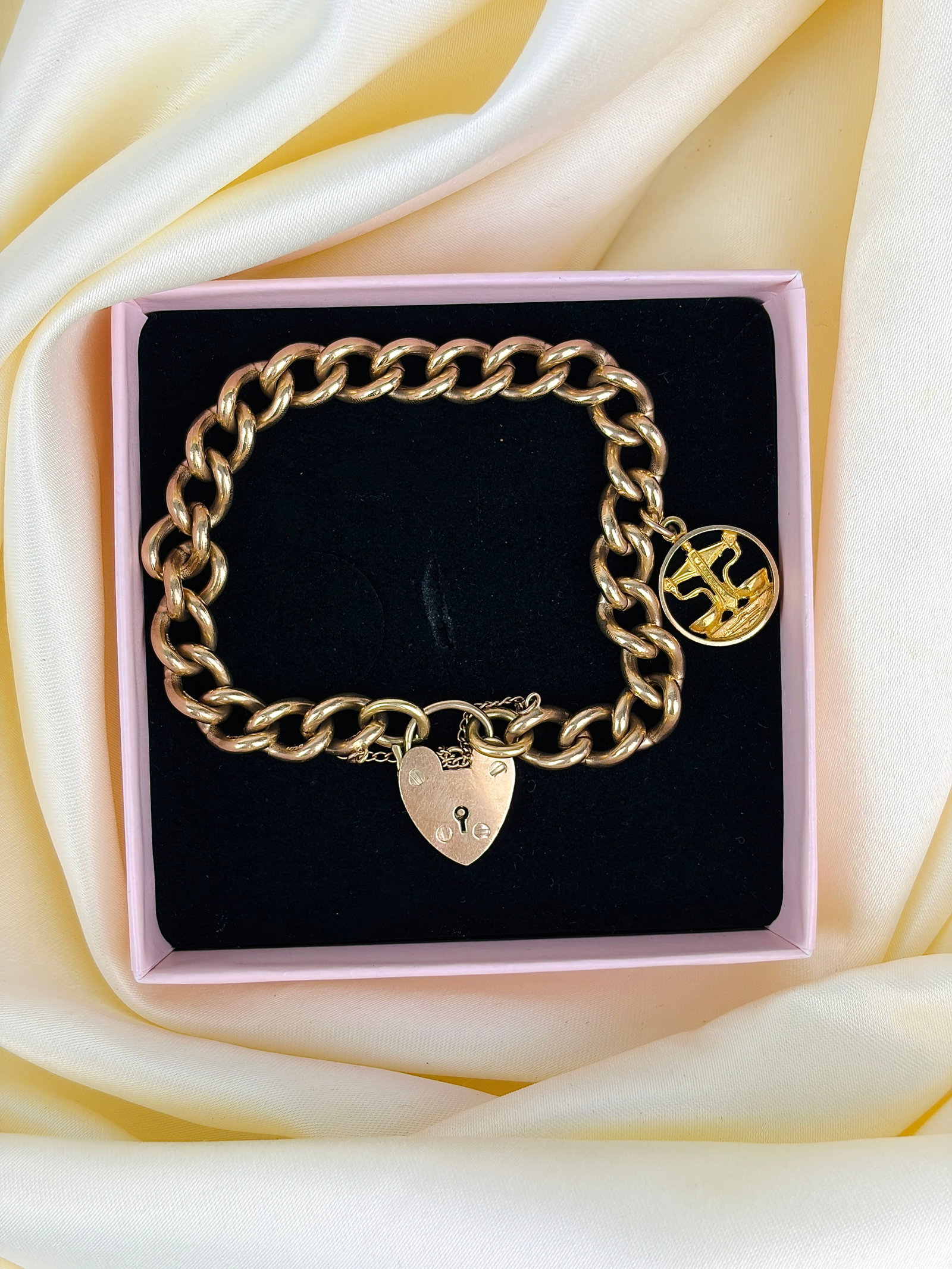 heavy vintage 9ct yellow gold curb link bracelet with heart padlock and charm - 6