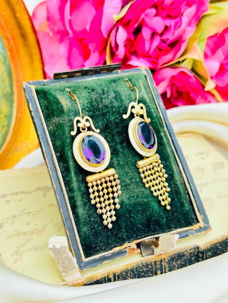 Antique Boxed Amethyst and Pinchbeck Ornate Fringe Drop Earrings - 10