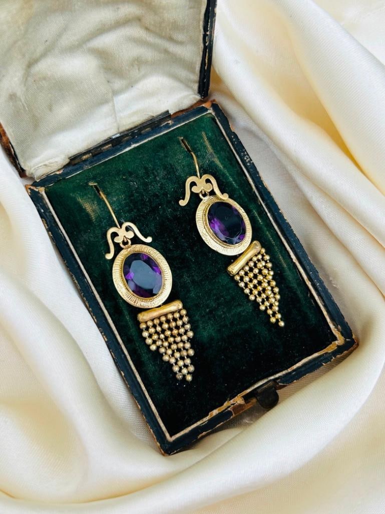 Antique Boxed Amethyst and Pinchbeck Ornate Fringe Drop Earrings - 3