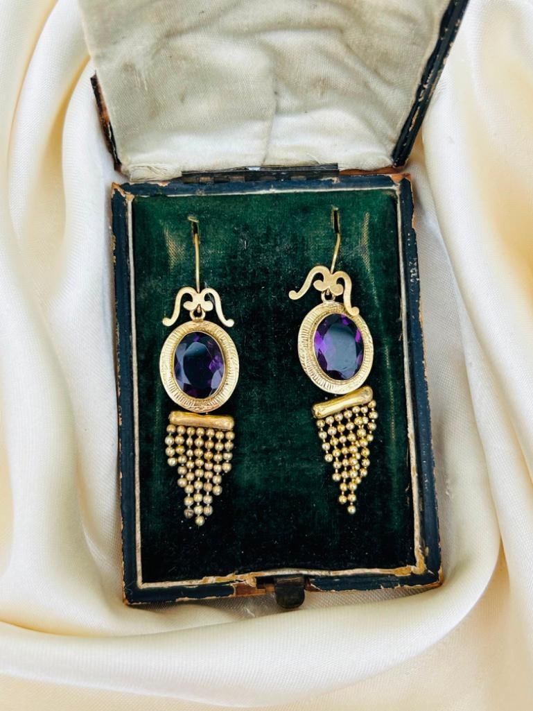Antique Boxed Amethyst and Pinchbeck Ornate Fringe Drop Earrings - 4