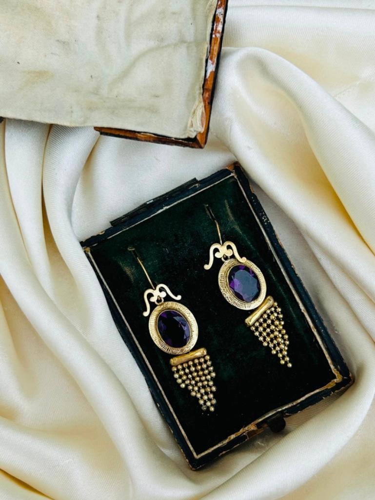 Antique Boxed Amethyst and Pinchbeck Ornate Fringe Drop Earrings - 5