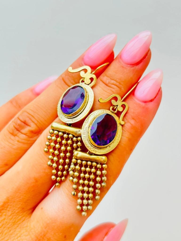 Antique Boxed Amethyst and Pinchbeck Ornate Fringe Drop Earrings - 6