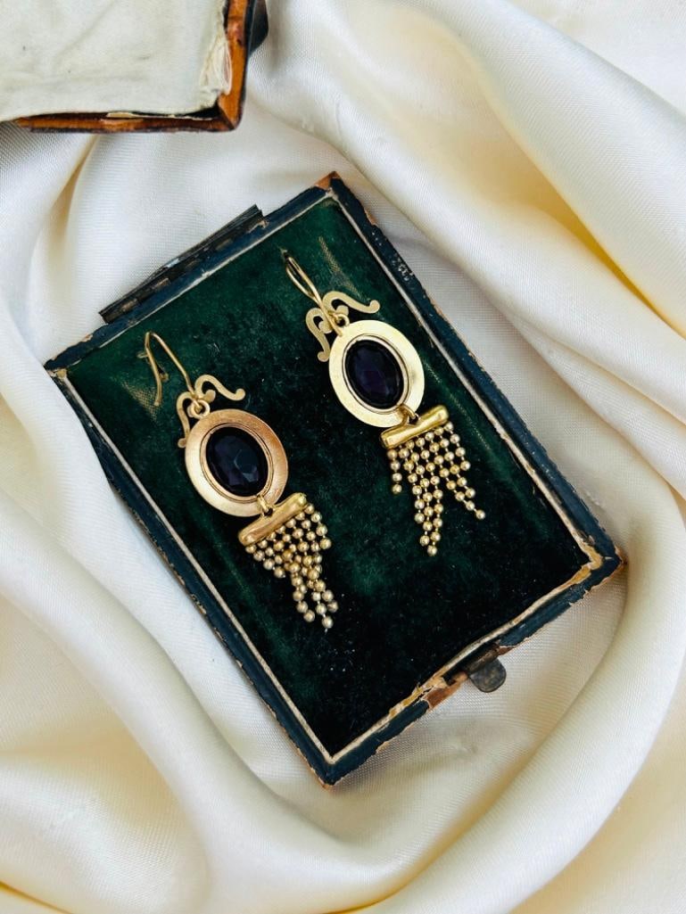 Antique Boxed Amethyst and Pinchbeck Ornate Fringe Drop Earrings - 8