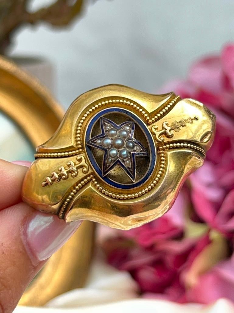 Heavy 15ct yellow gold enamel and pearl star brooch with locket back - 6