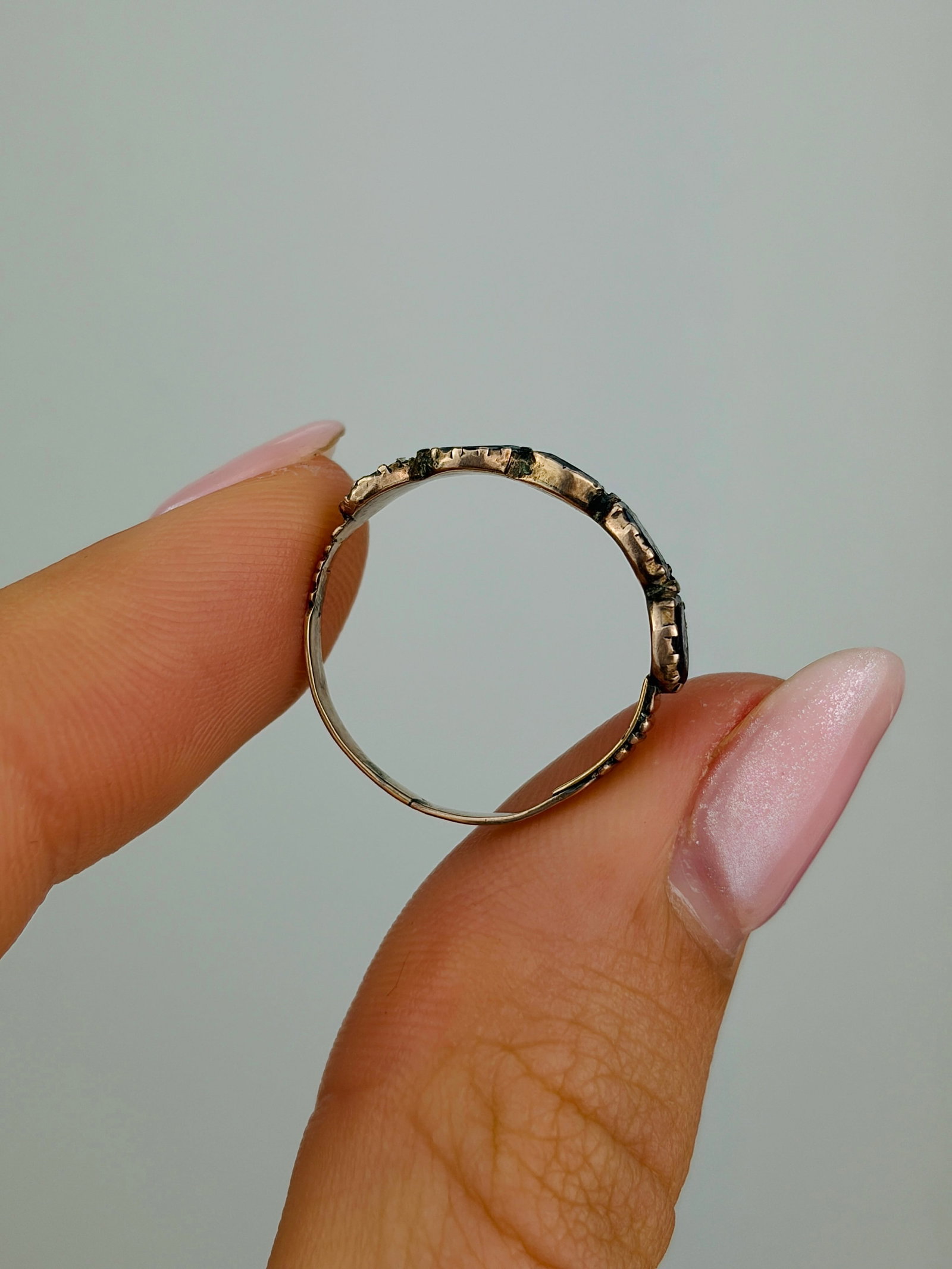 georgian era flat cut garnet half hoop band ring in gold - 6