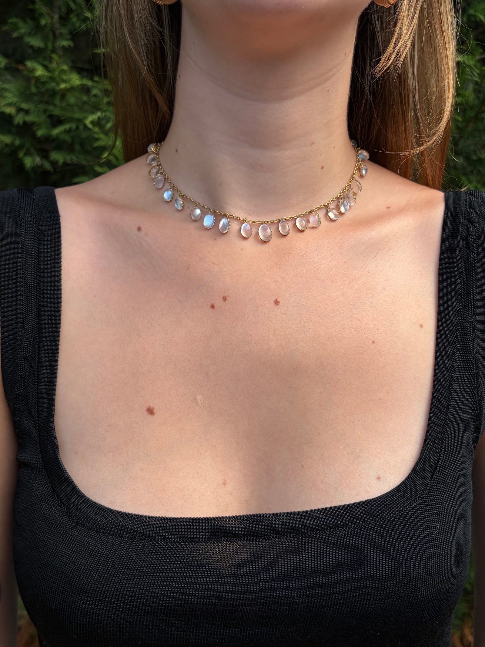 Antique Blue Moonstone Drops Necklace In 9ct Yellow Gold - 10