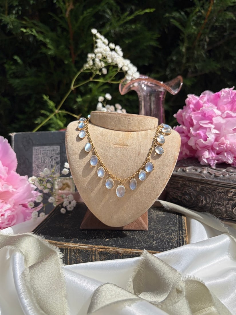 Antique Blue Moonstone Drops Necklace In 9ct Yellow Gold - 11