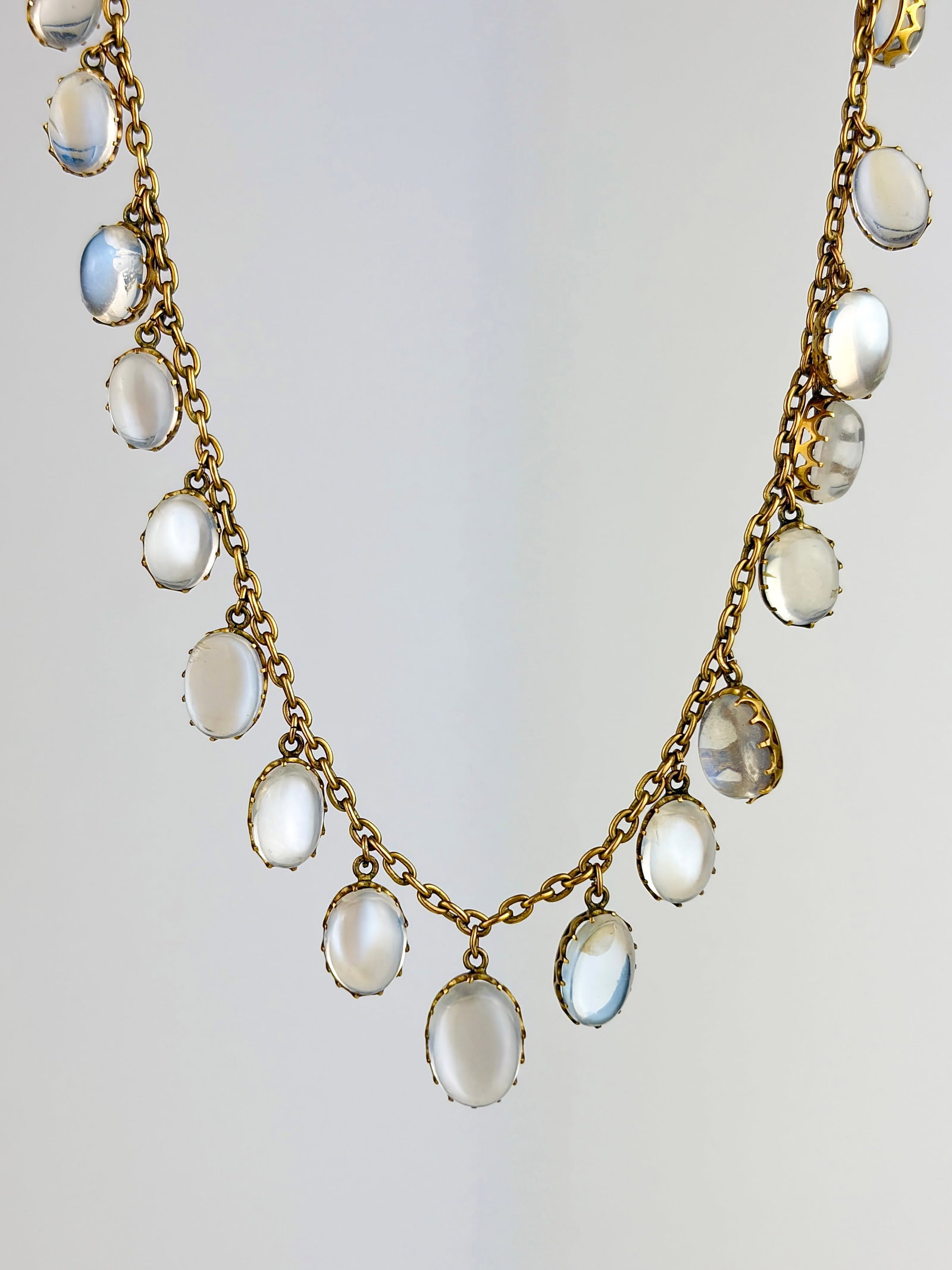 Antique Blue Moonstone Drops Necklace In 9ct Yellow Gold: Antique Blue Moonstone Drops Necklace In 9ct Yellow Gold A truly gorgeous necklace with beautiful blue hued cabochon moonstone drops!
