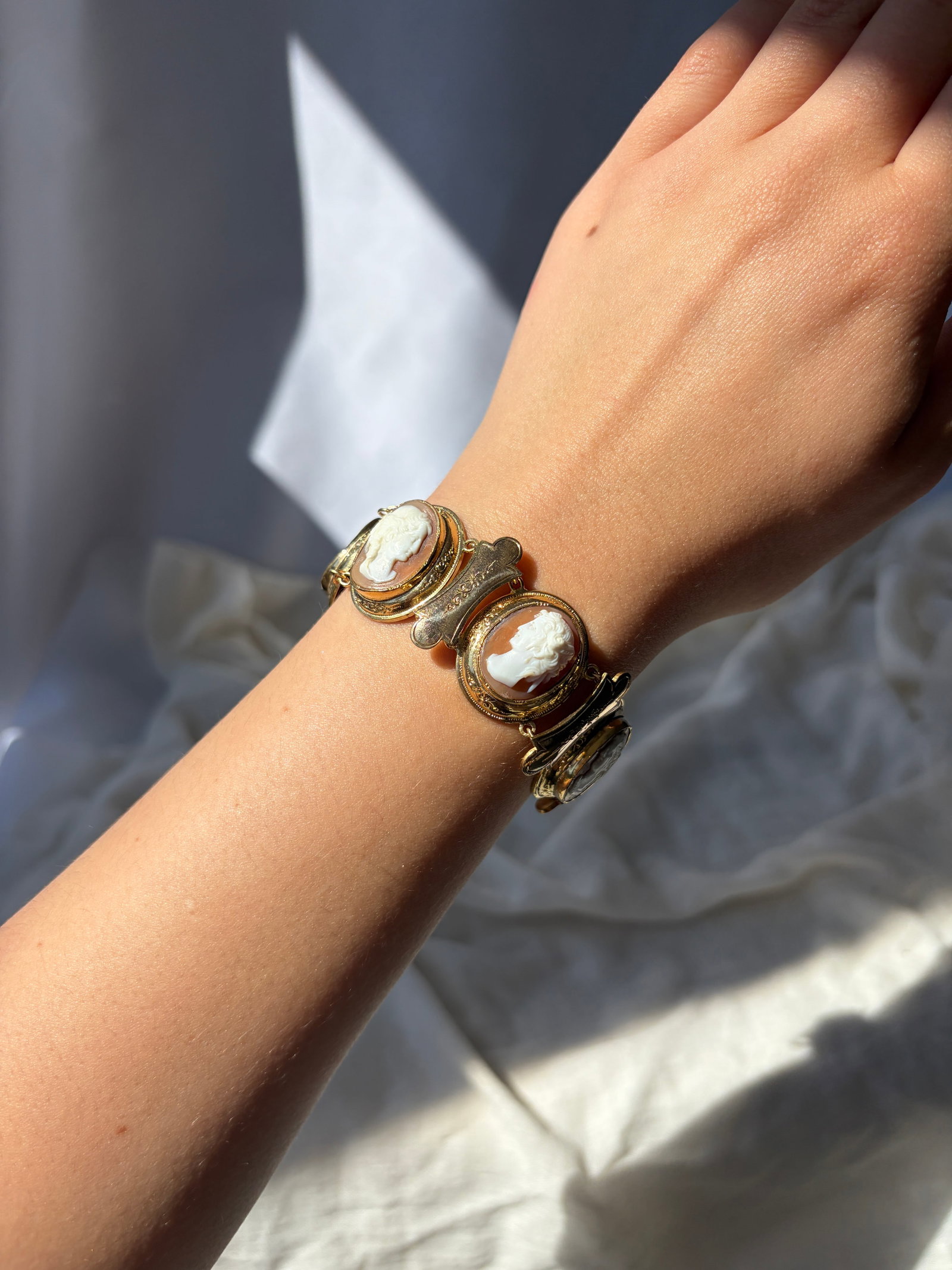 ANTIQUE LARGE GILT METAL CAMEO BRACELET WITH SAFETY CHAIN - 4