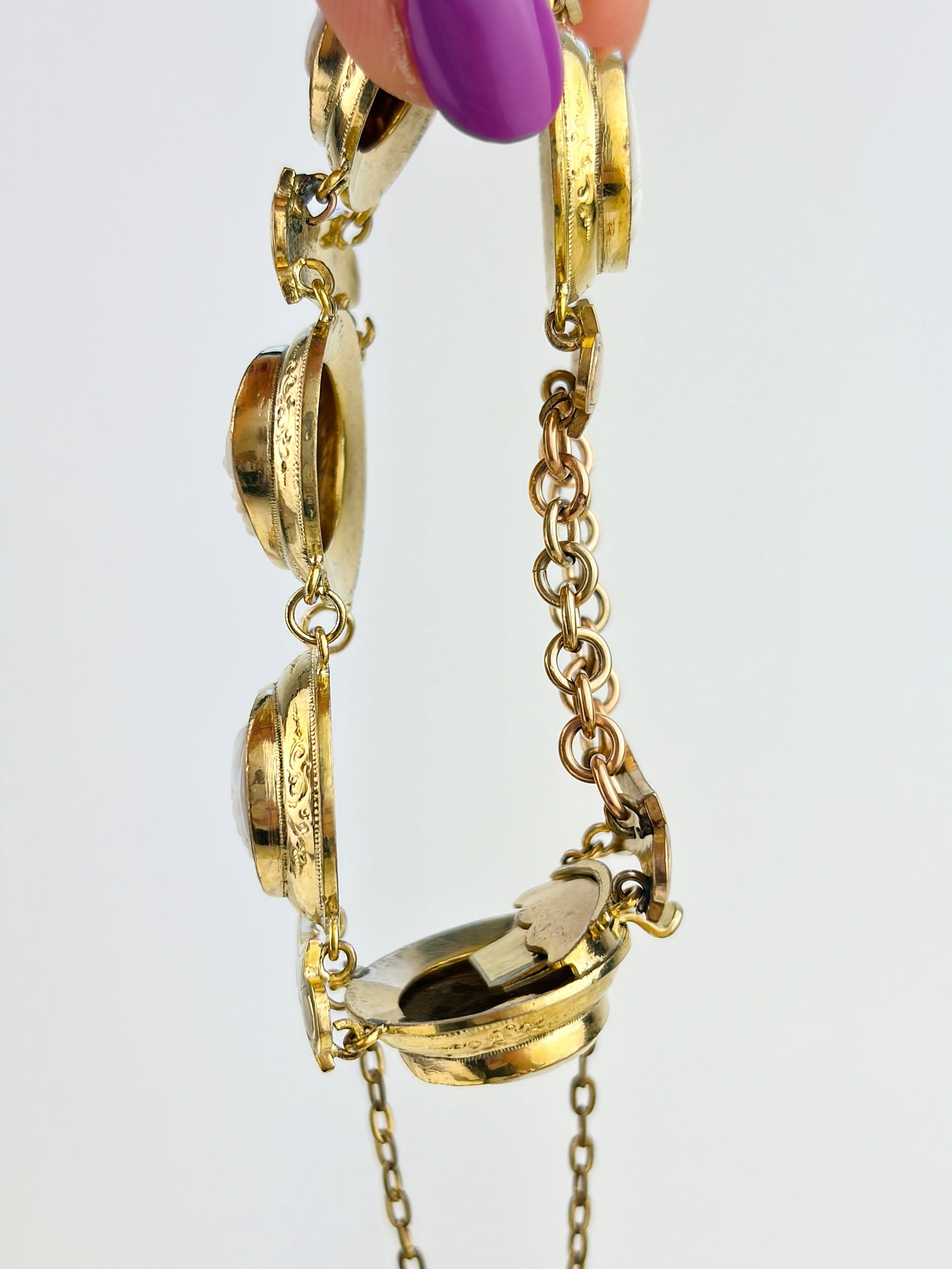 ANTIQUE LARGE GILT METAL CAMEO BRACELET WITH SAFETY CHAIN - 6