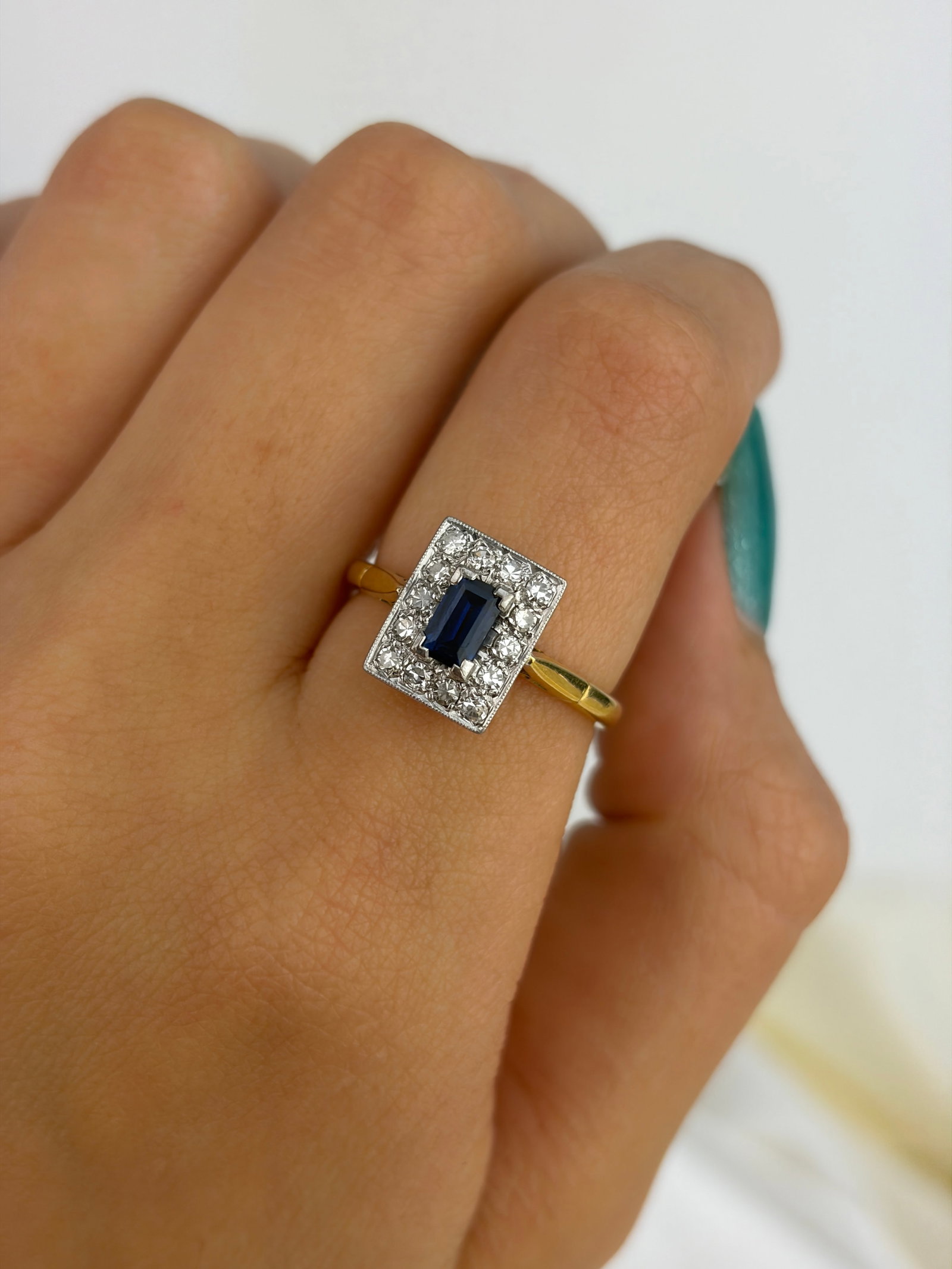 Antique Art Deco Era Sapphire and Diamond Panel Ring in 18ct Gold and Platinum - 9