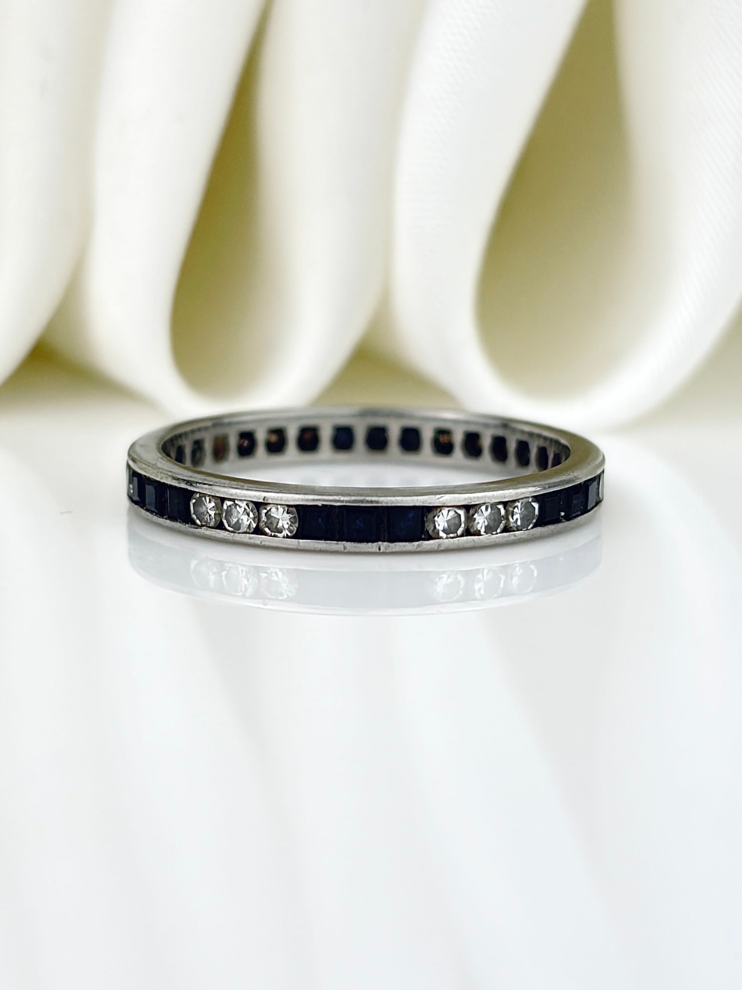 Antique Art Deco Platinum Sapphire and Diamond Full Eternity Band Ring: Antique Art Deco Platinum Sapphire and Diamond Full Eternity Band Ring Beautiful ring featuring alternating triplets of sapphires and diamonds!
