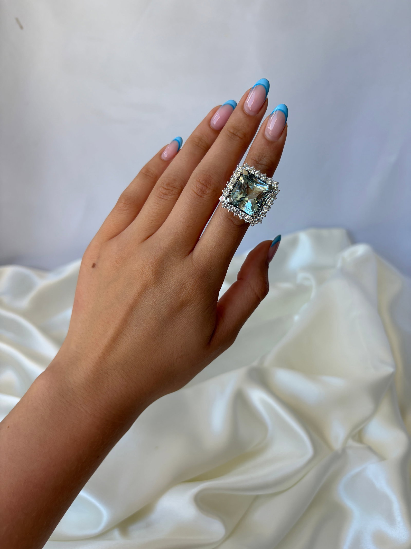 Outstanding Aquamarine And Diamond Square Cocktail Ring Set In Platinum - 10