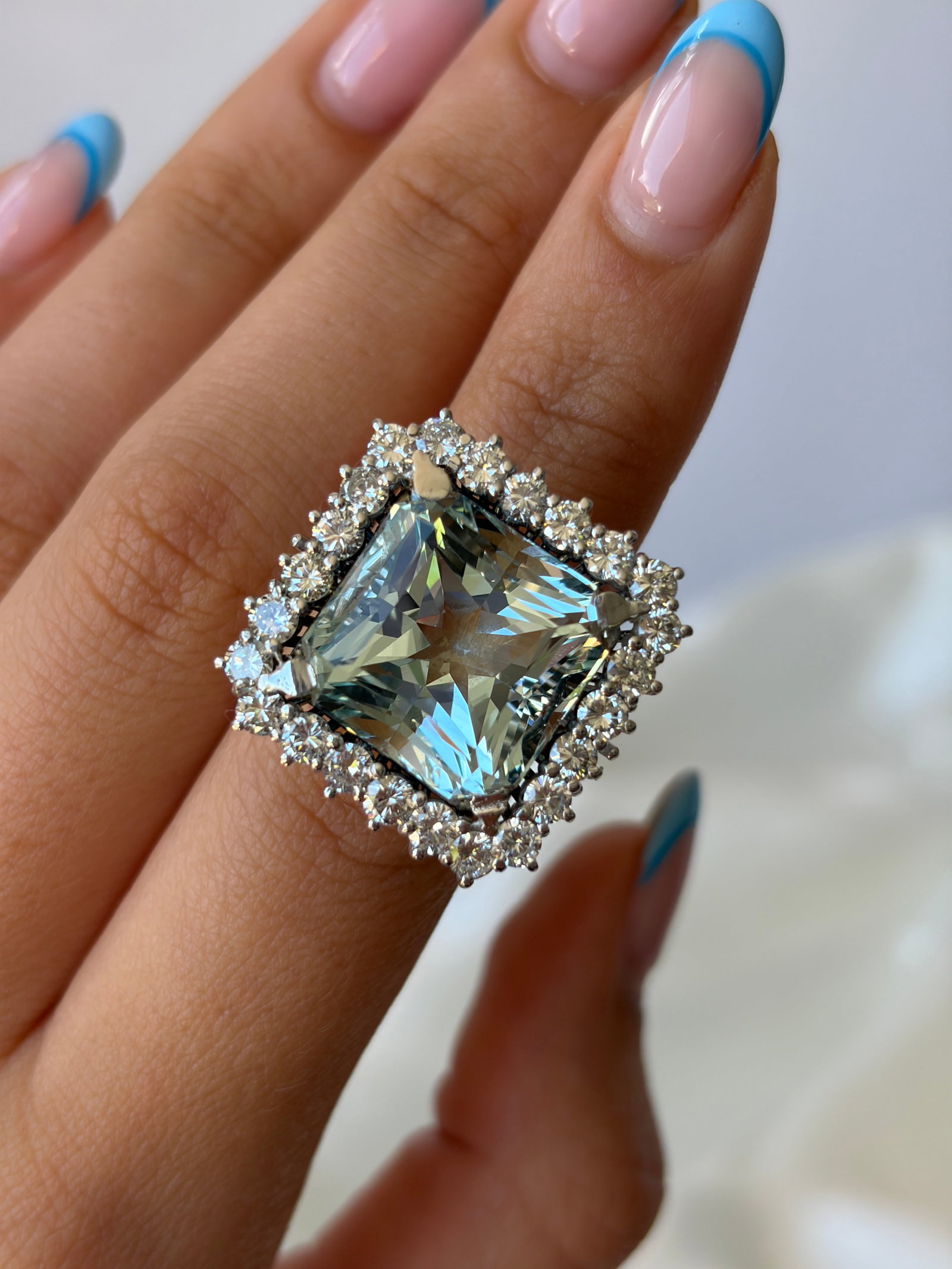 Outstanding Aquamarine And Diamond Square Cocktail Ring Set In Platinum - 11